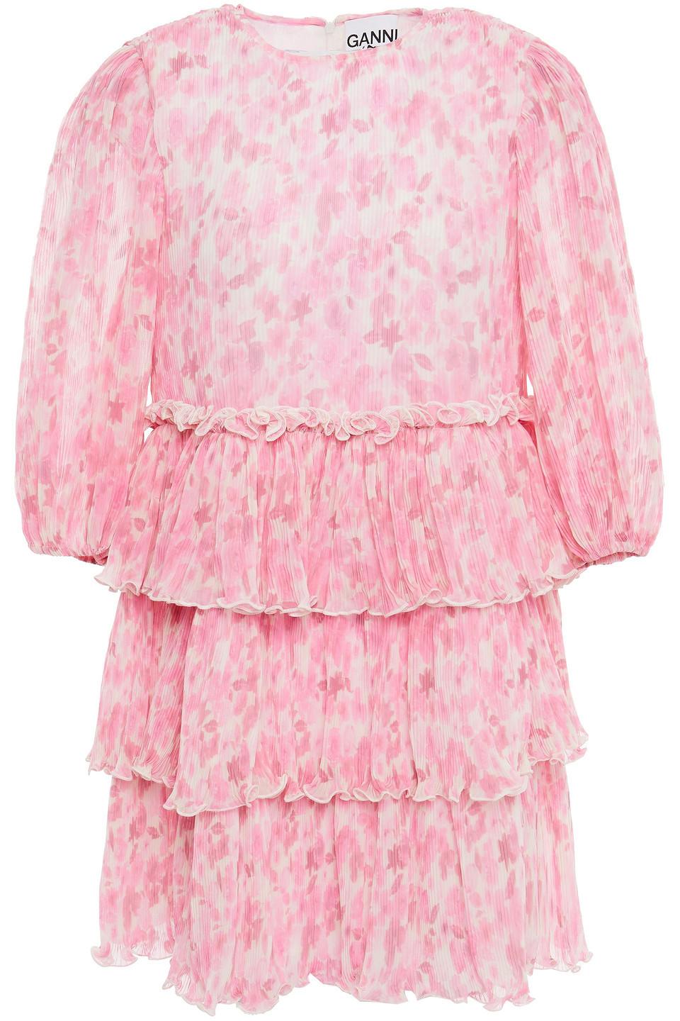 Ganni Tiered Floral-print Plissé-georgette Mini Dress in Pink | Lyst