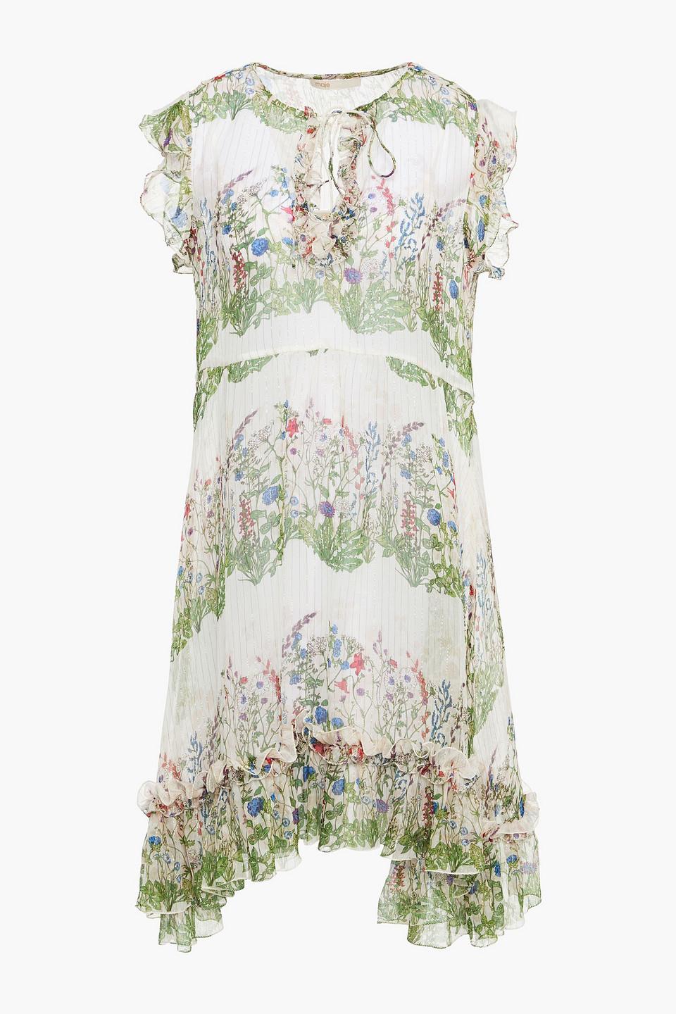 Maje Reinette Ruffled Metallic Floral-print Silk-blend Crepon Dress | Lyst