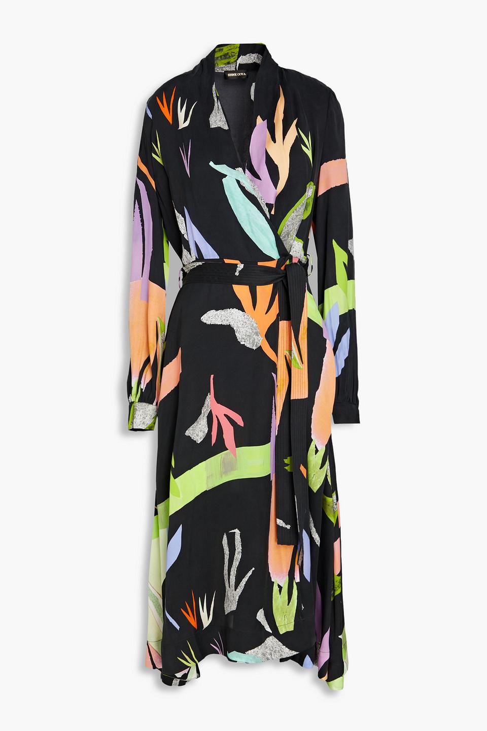 Stine Goya Reflection Printed Crepe De Chine Midi Wrap Dress in Black