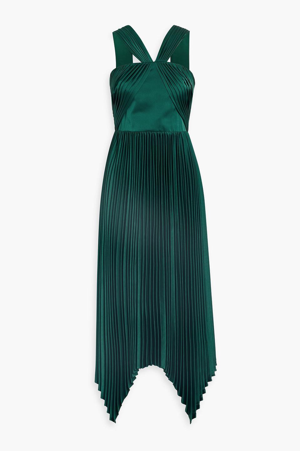 THEIA Eleanora Asymmetric Pleated Satin Midi Dress in Green | Lyst