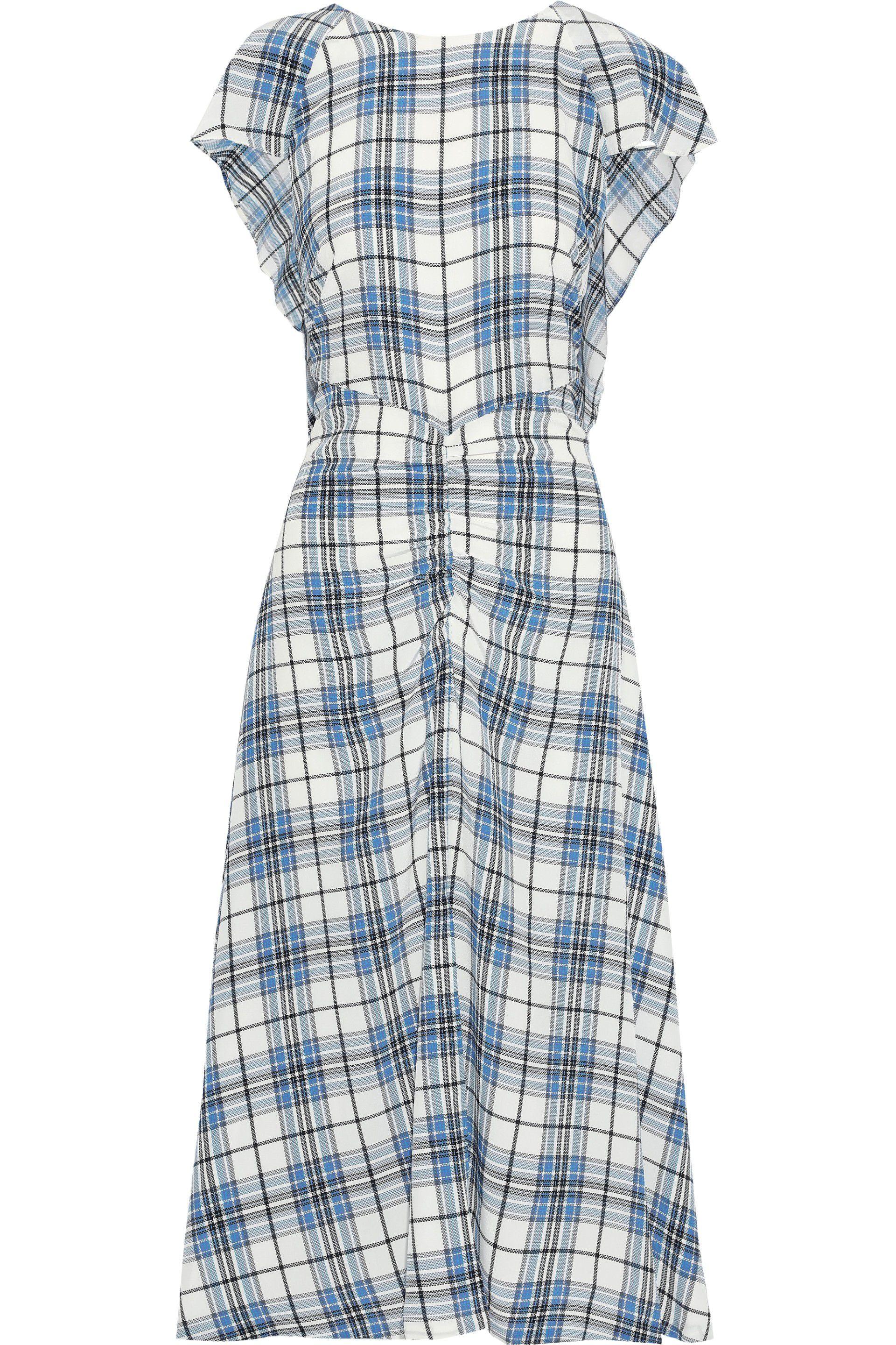 Paper London Cotton Dutch Ruched Checked Silk Midi Dress Light Blue in ...