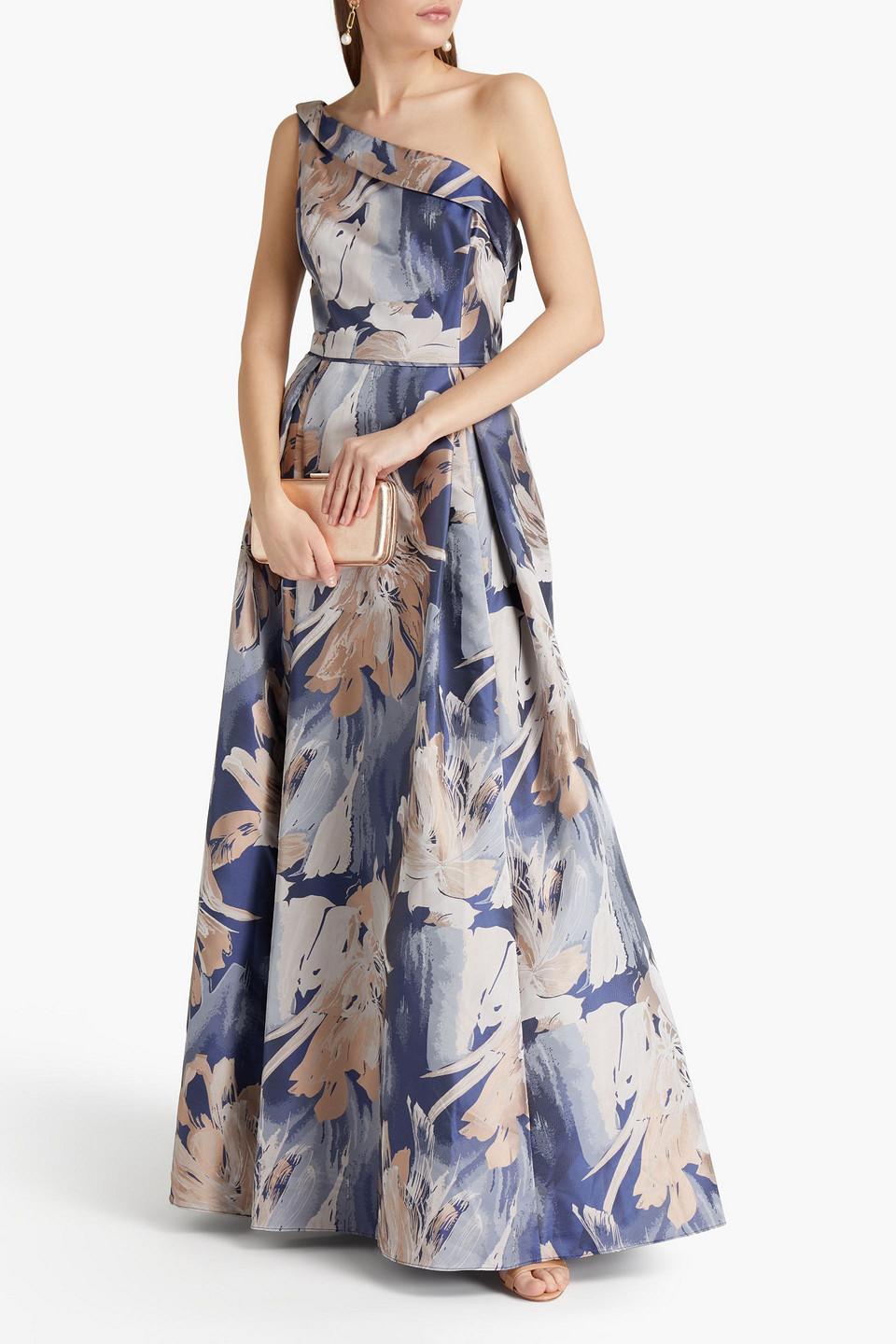 Aidan Mattox One-shoulder Pleated Floral-jacquard Gown in Blue | Lyst