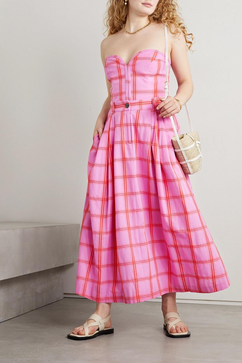 Mara Hoffman Tulay Pleated Embroidered Checked Cotton Midi Skirt in Pink |  Lyst