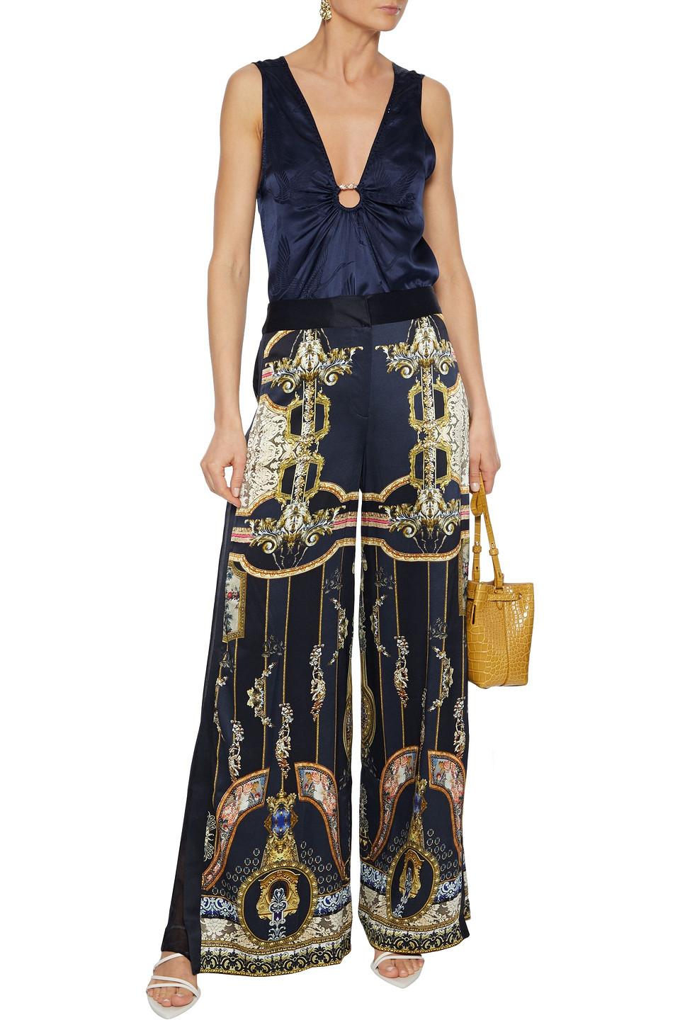 Camilla Chiffon-paneled Printed Silk-satin Wide-leg Pants Black - Lyst