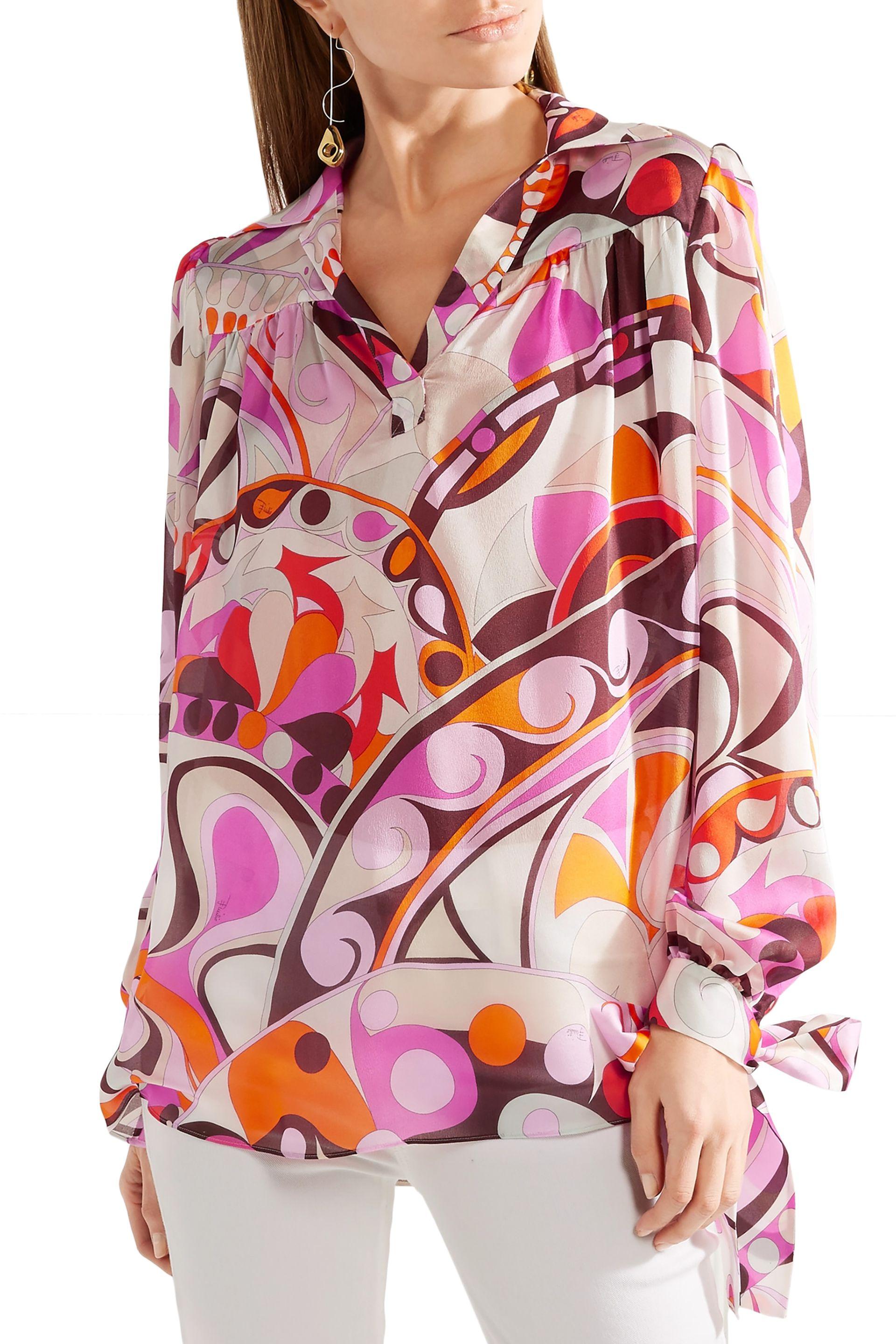 Emilio Pucci Bow-detailed Printed Silk Crepe De Chine Blouse Blush in Pink - Lyst
