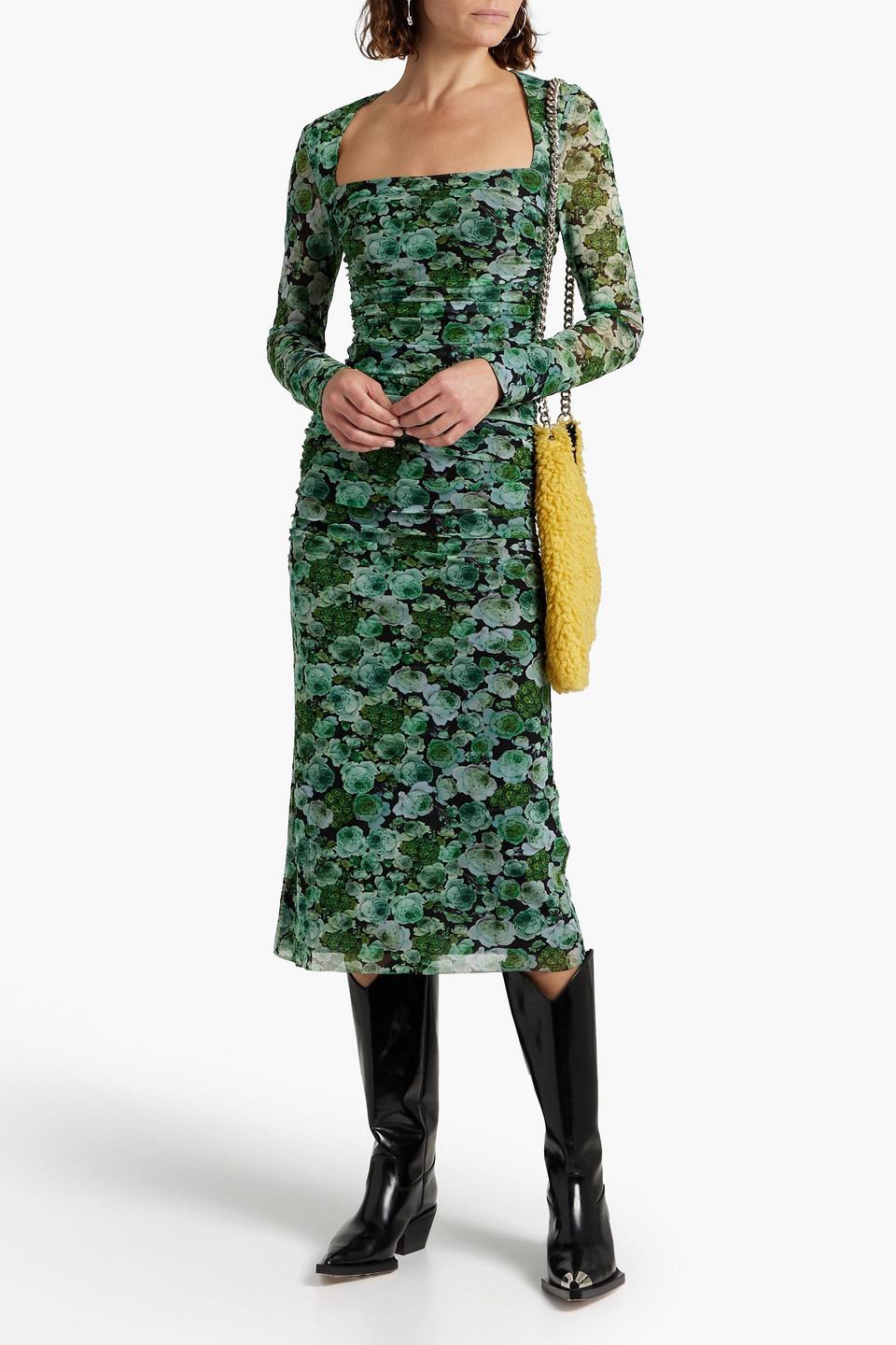 Ganni Ruched Floral-print Mesh Midi Dress in Green | Lyst