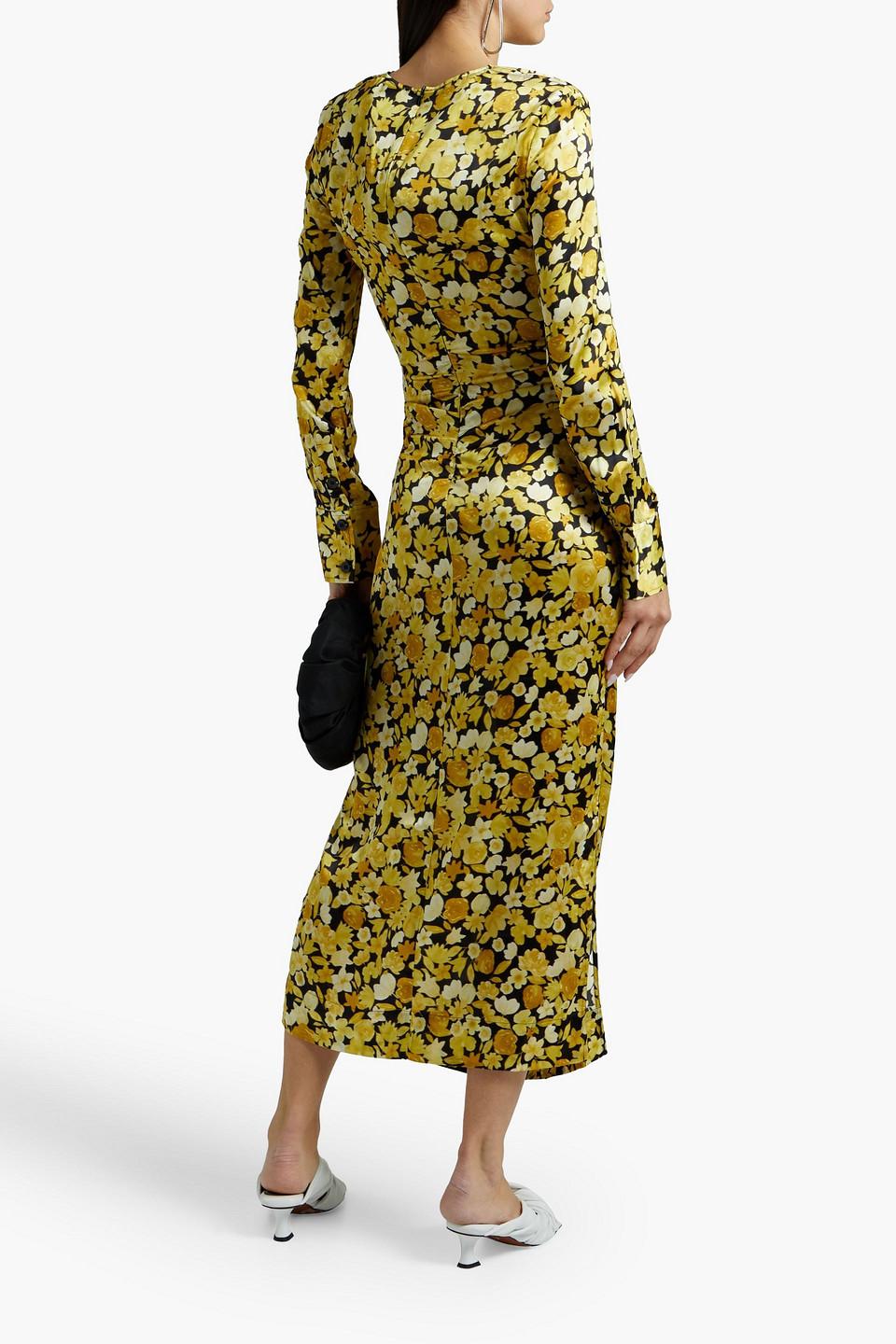 Ganni Women's Yellow Pleated Floral-print Silk-blend Satin Midi Dress