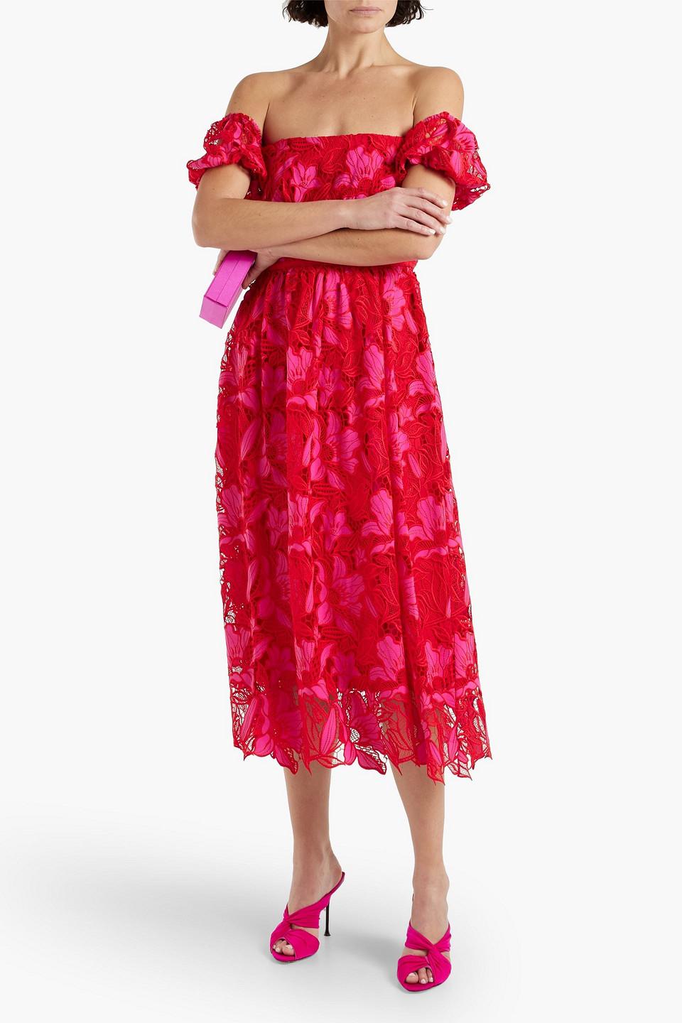 ML Monique Lhuillier Off-the-shoulder Guipure Lace Midi Dress in Red