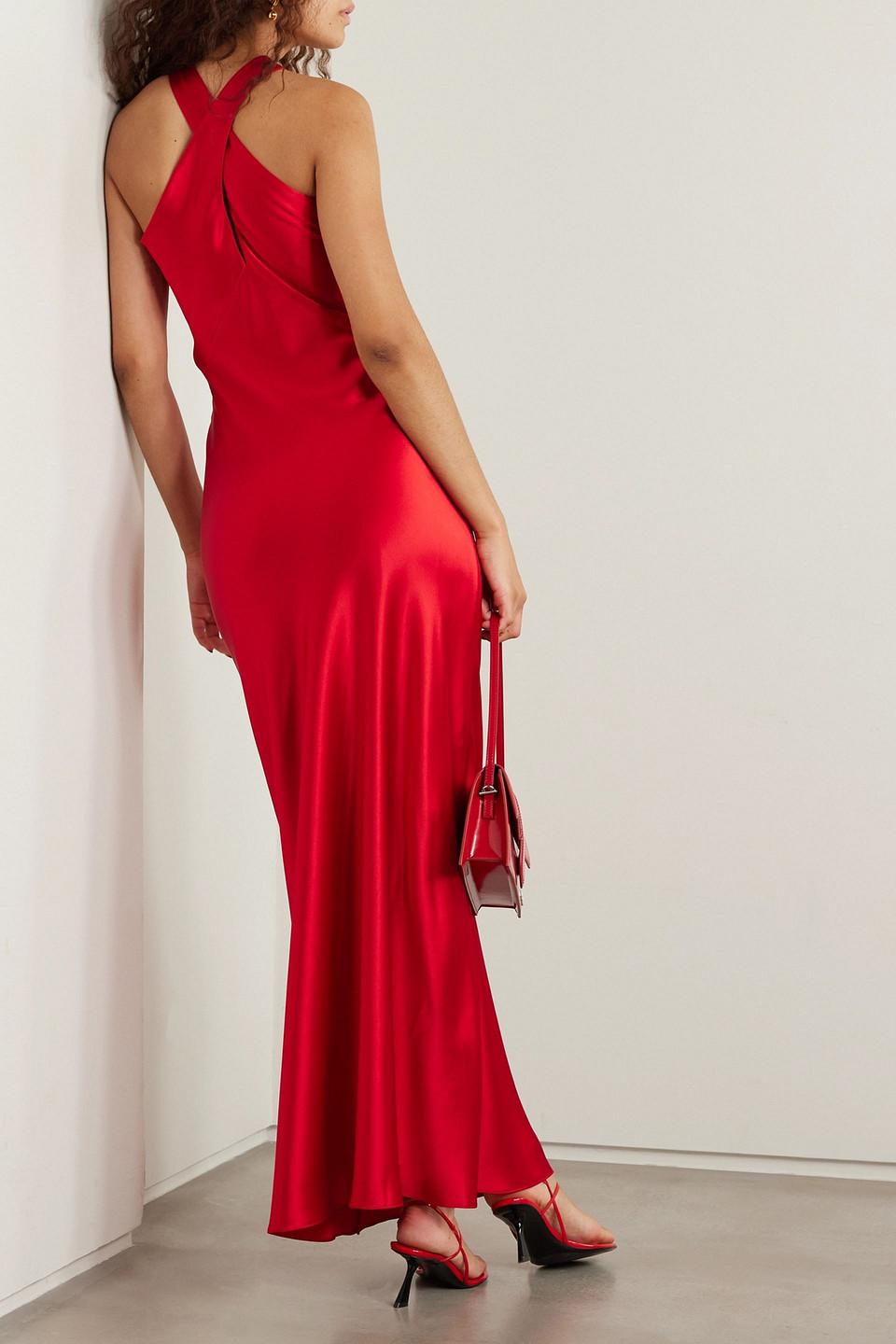 Galvan London Evelyn Cutout Satin Halterneck Maxi Dress in Red | Lyst