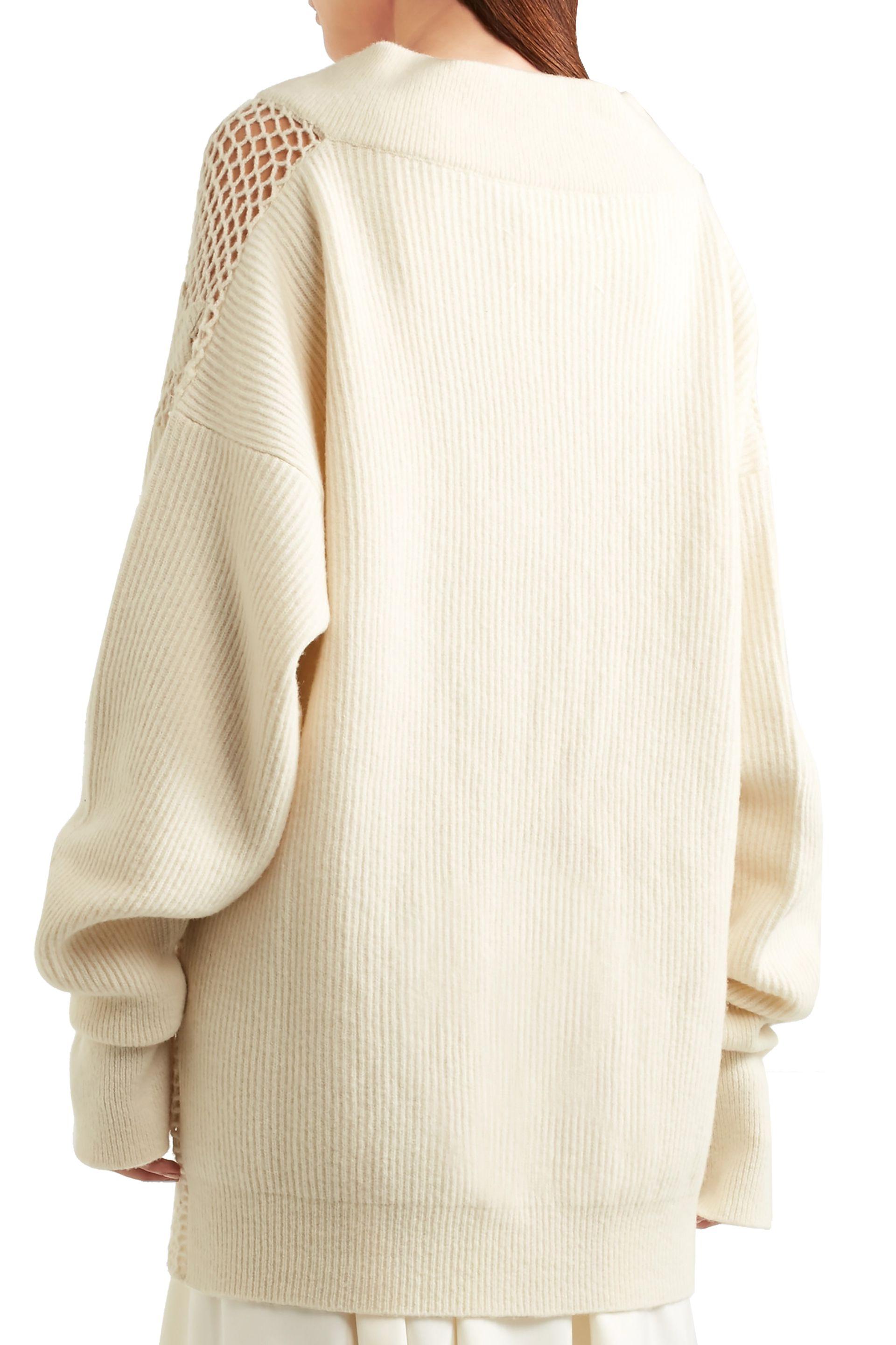 Maison Margiela Ribbed Open-knit Wool-blend Sweater Ivory in White - Lyst
