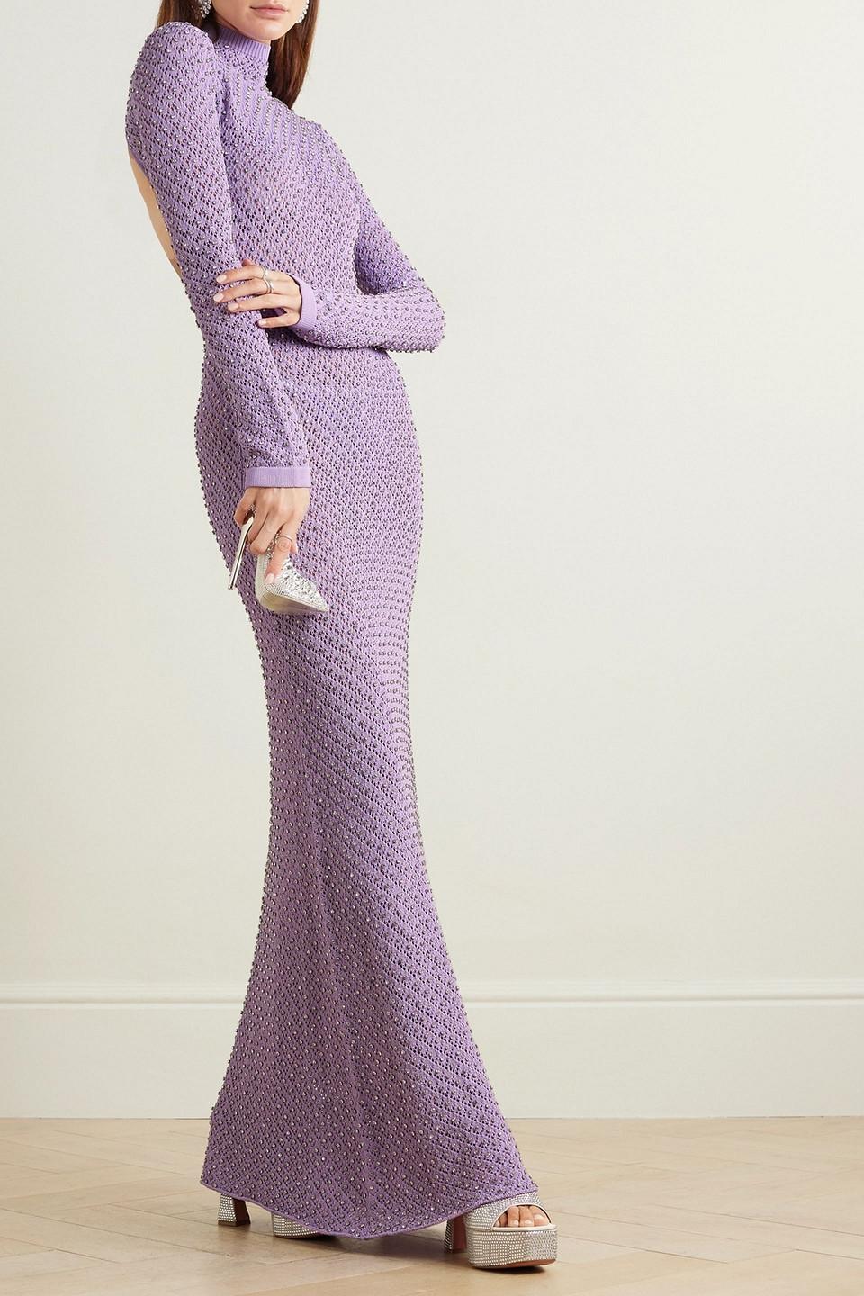 David Koma Open-back Crystal-embellished Pointelle-knit Maxi Dress in  Purple | Lyst UK
