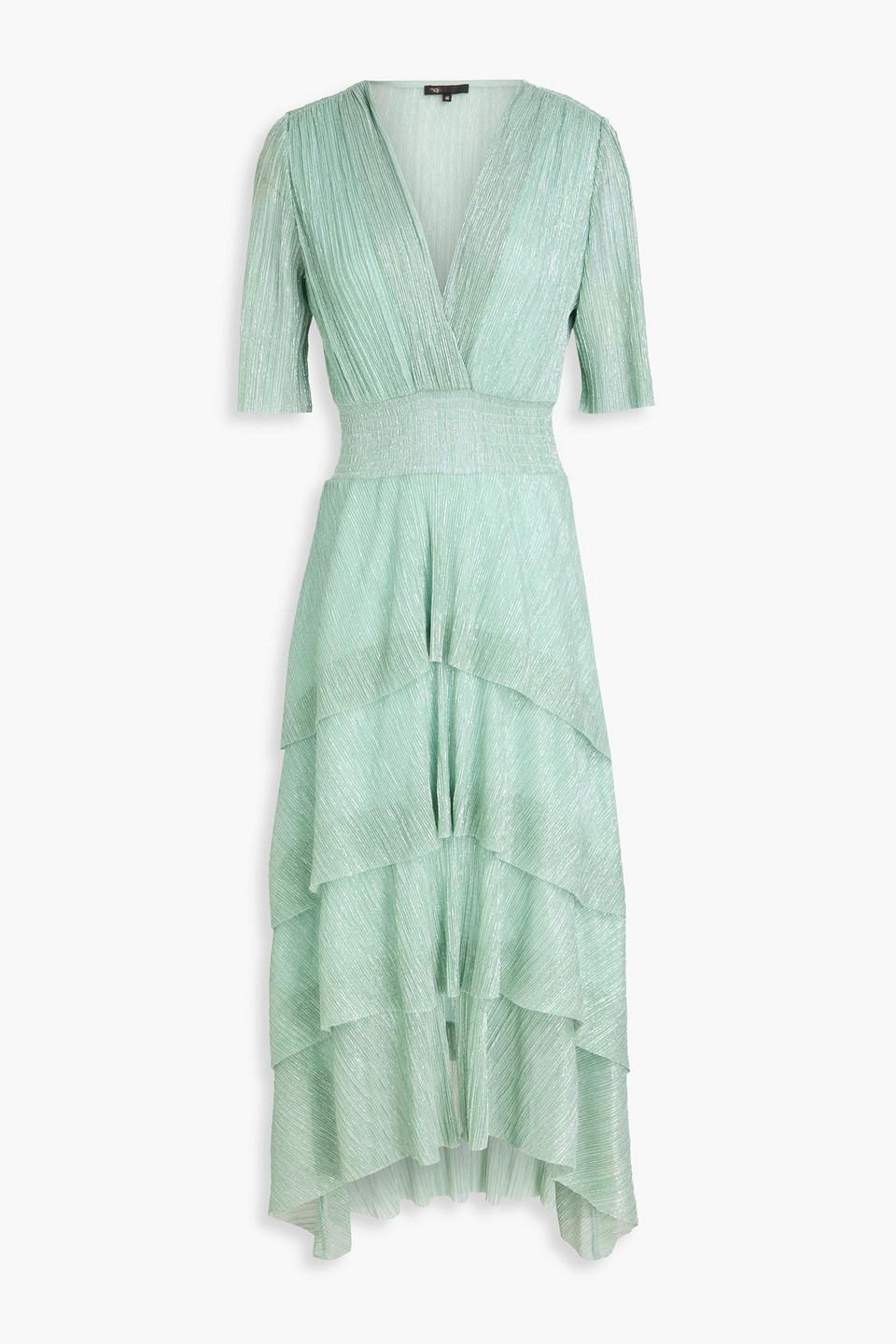 Maje Metallic Pliss-tulle Midi Dress in Green | Lyst