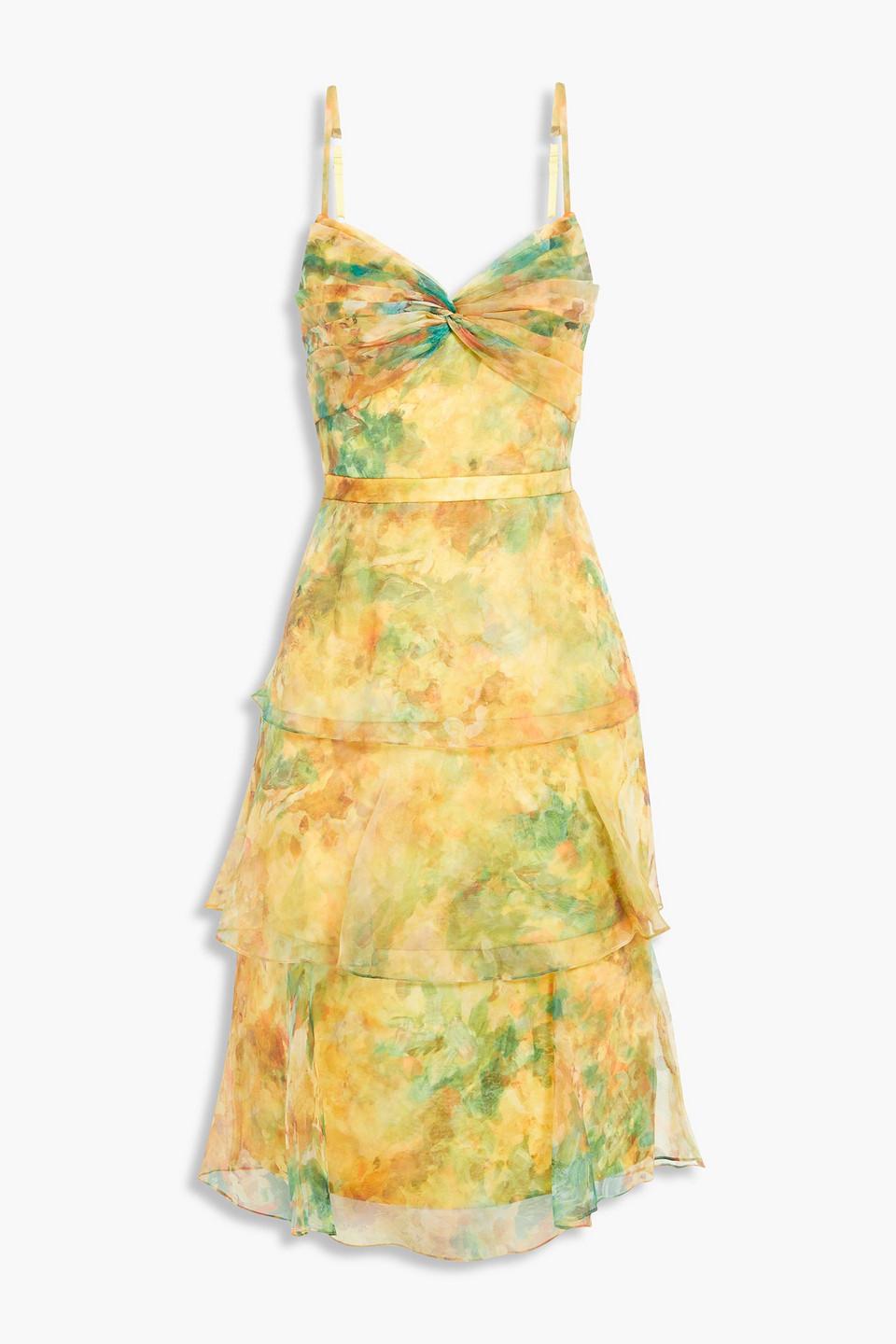 Marchesa notte Tiered Floral-print Organza Midi Dress in Yellow | Lyst