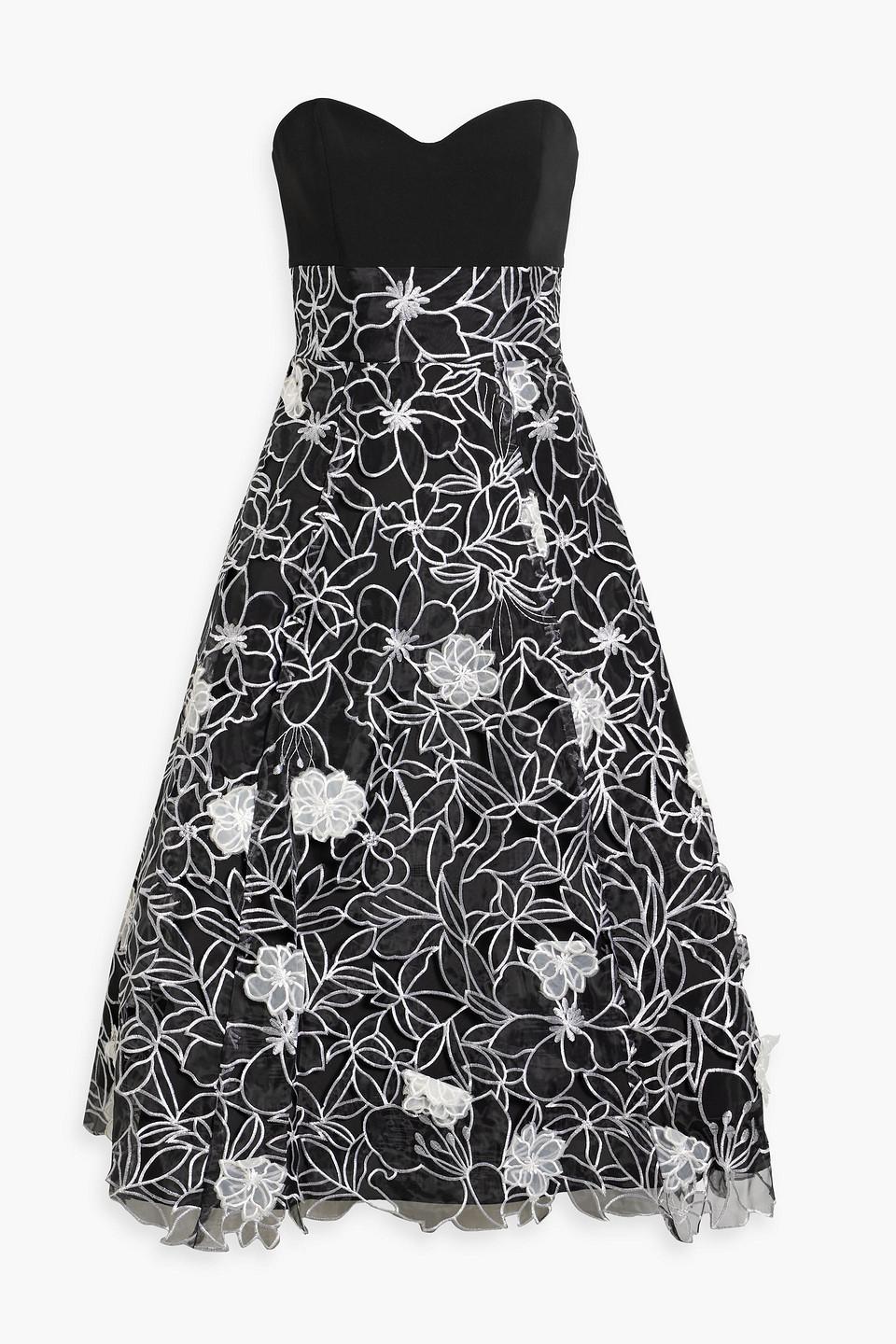 Marchesa Strapless Faille-paneled Embroidered Organza Midi Dress in Black | Lyst Marchesa Strapless Faille-paneled Embroidered Organza Midi Dress in Black | Lyst