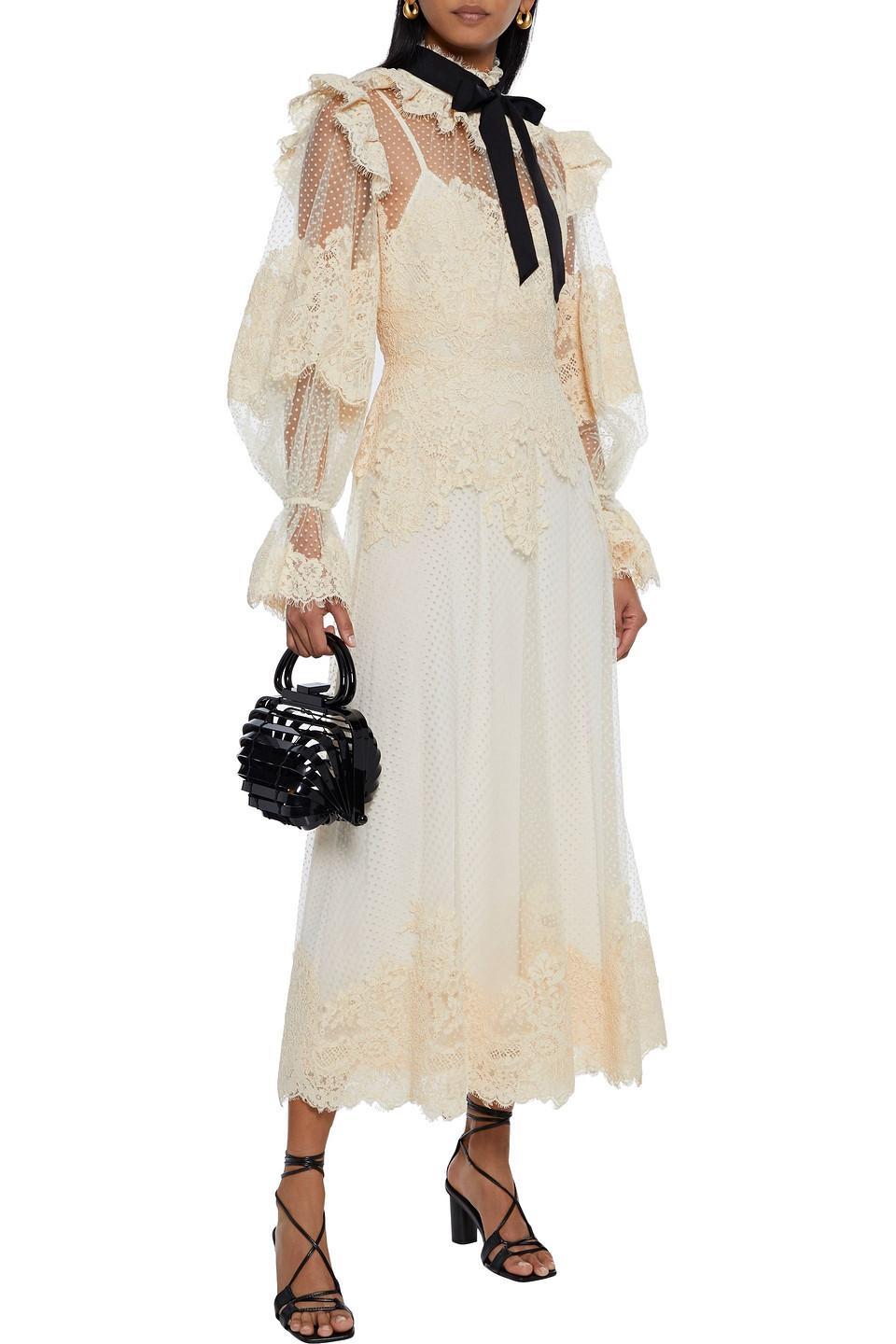 Zimmermann Espionage Pussy-bow Paneled Corded Lace And Flocked Tulle Midi  Dress in Natural | Lyst UK