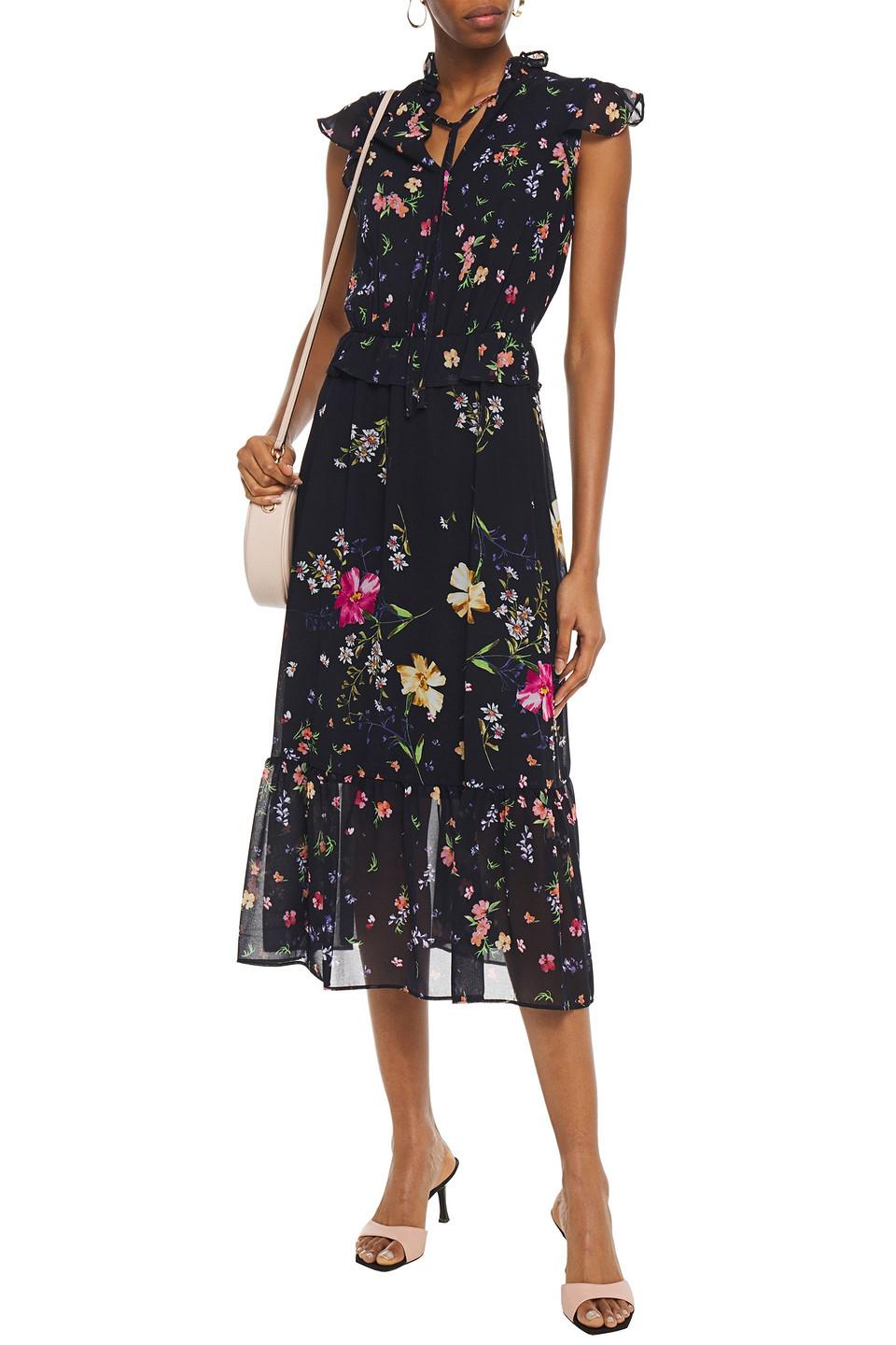 dkny printed tie neck midi dress