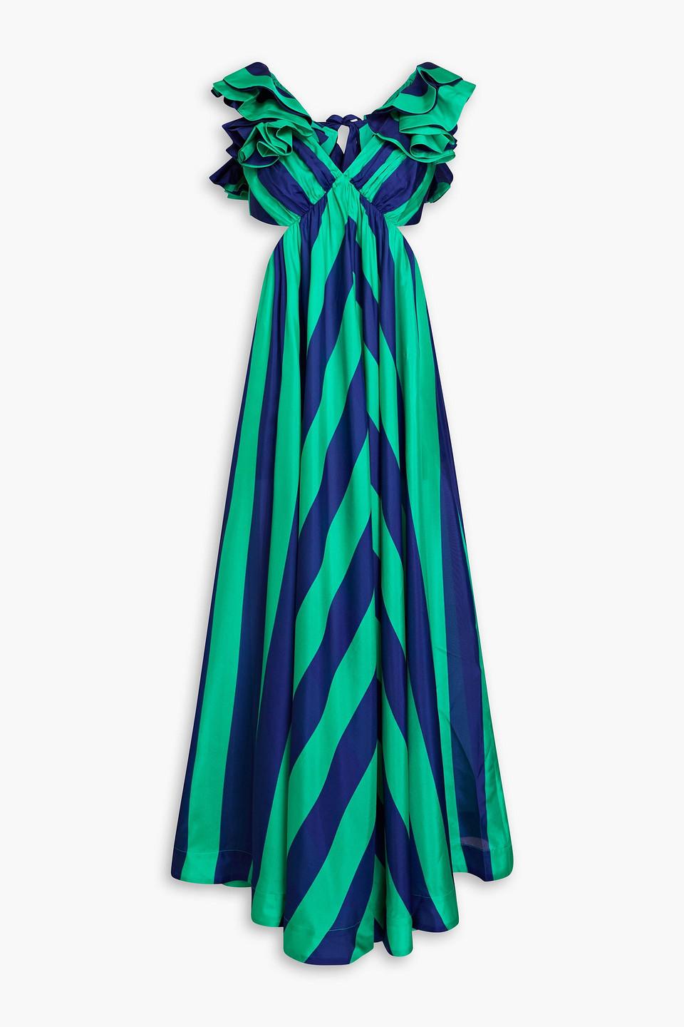 Zimmermann Ruffled Striped Silk-satin Maxi Dress in Green | Lyst