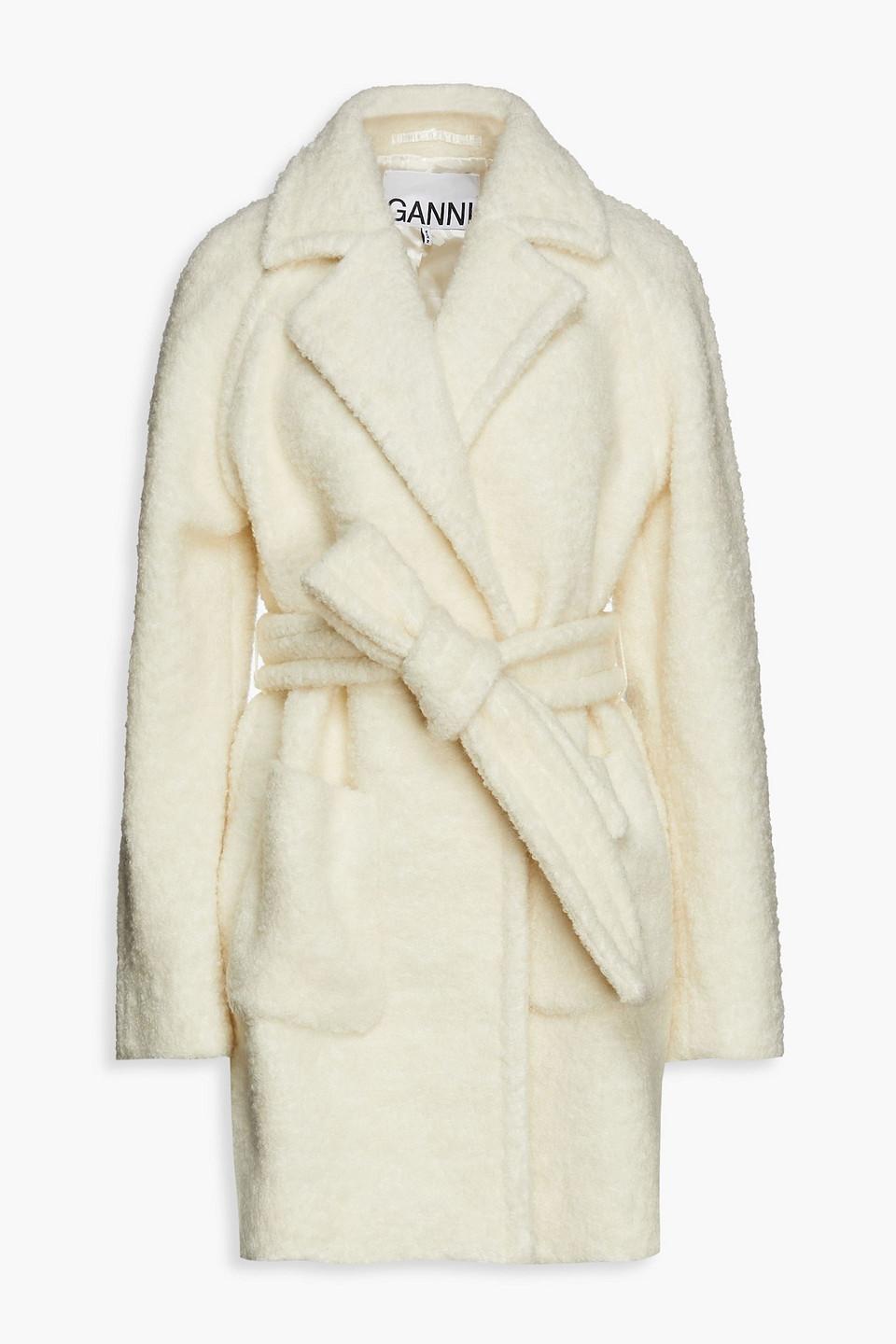 Ganni Double-breasted Wool-blend Bouclé Coat in White | Lyst UK