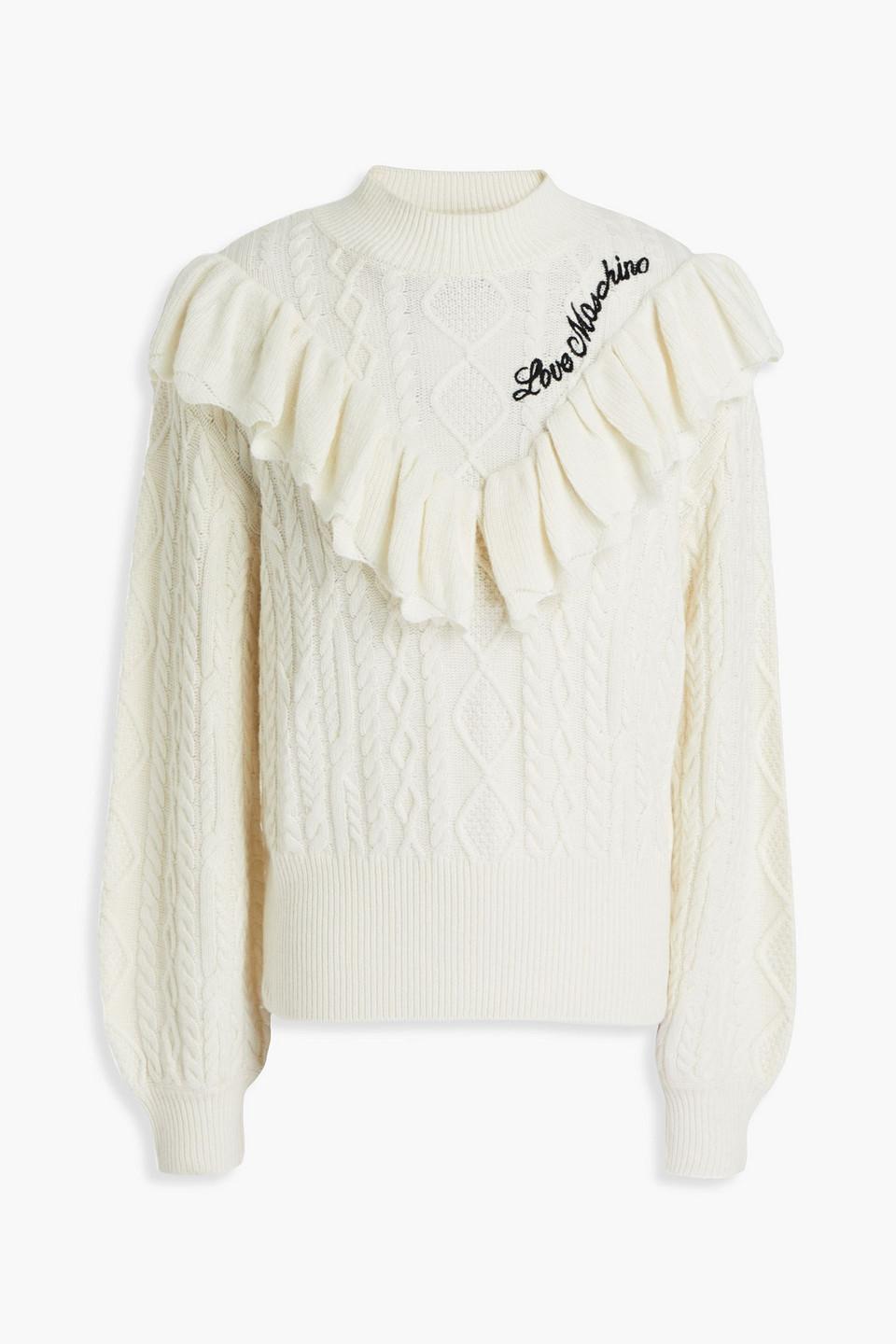 Love Moschino Embroidered Ruffled Cable-knit Turtleneck Sweater in White |  Lyst Canada