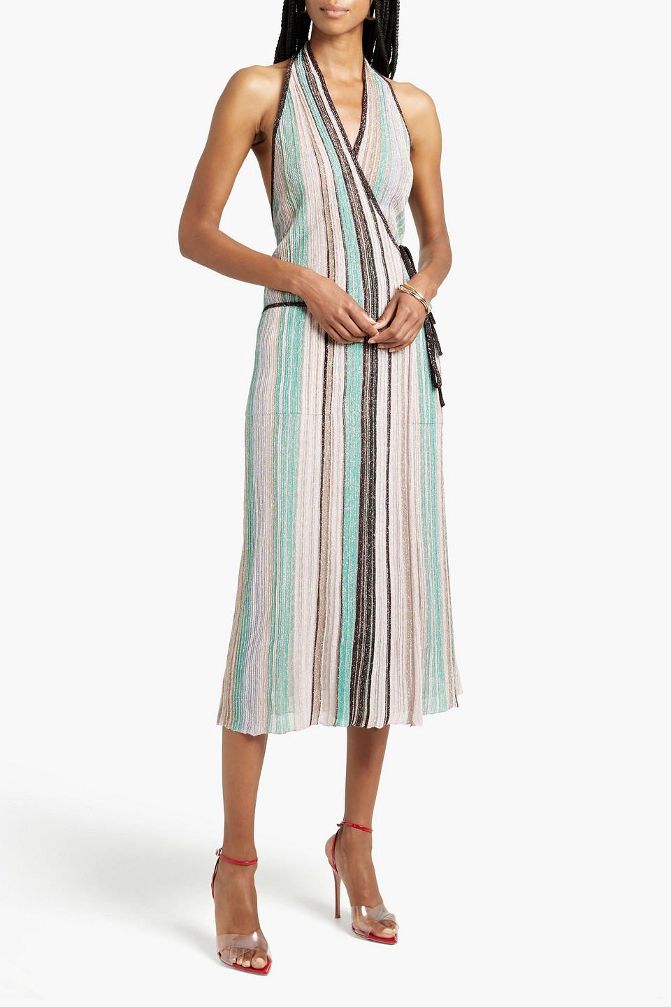 Missoni Metallic Striped Crochet-knit Halterneck Wrap Dress in White | Lyst