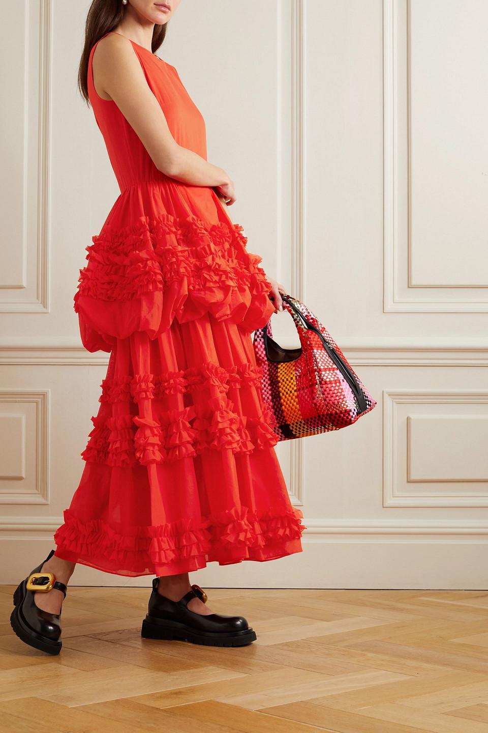 molly goddard red dress Molly Goddard Dolores Ruffled Tie Cotton-voile Maxi Dress in Red