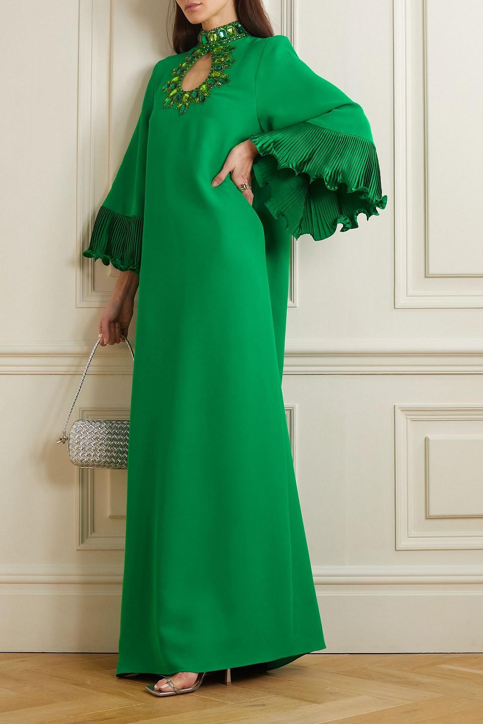 Andrew Gn Crystal-embellished Cutout Pliss Satin-trimmed Crepe Gown in  Green | Lyst