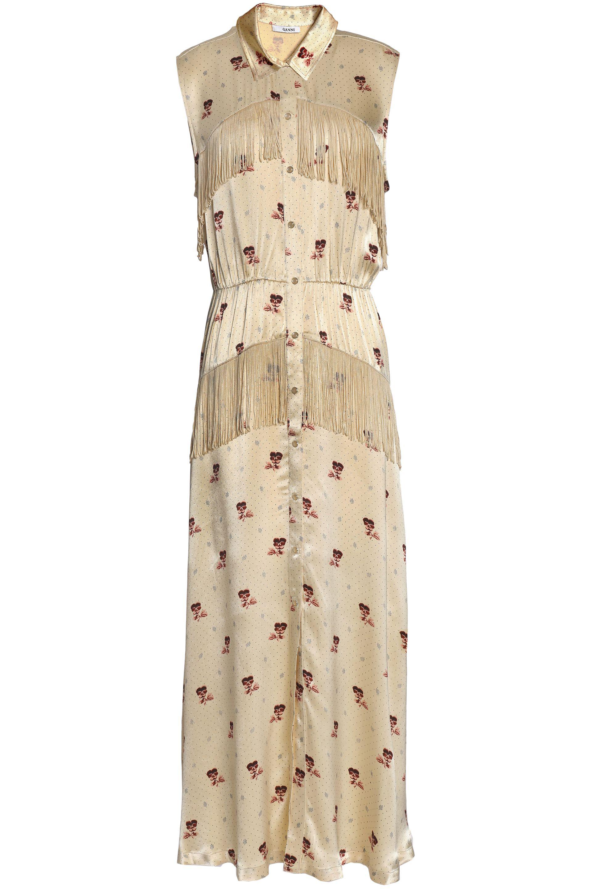 Ganni Donnelly Fringed Floral-print Satin Midi Dress in Beige (Natural) -  Lyst
