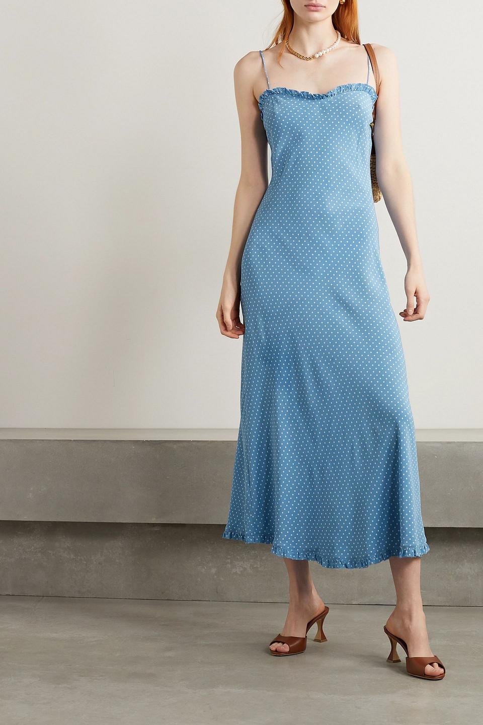 Doen Blue Silk Dress Marcelle Dress - Deep Aquamarine Doen Calsi Ruffled  Polka-dot Silk Midi Dress in Blue | Lyst