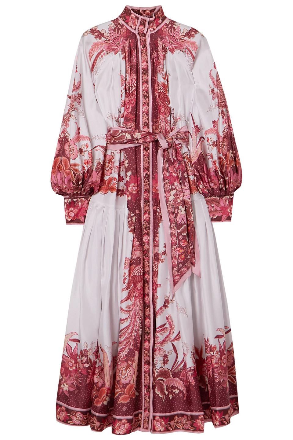 Belted Printed Silk-twill Midi Dress 