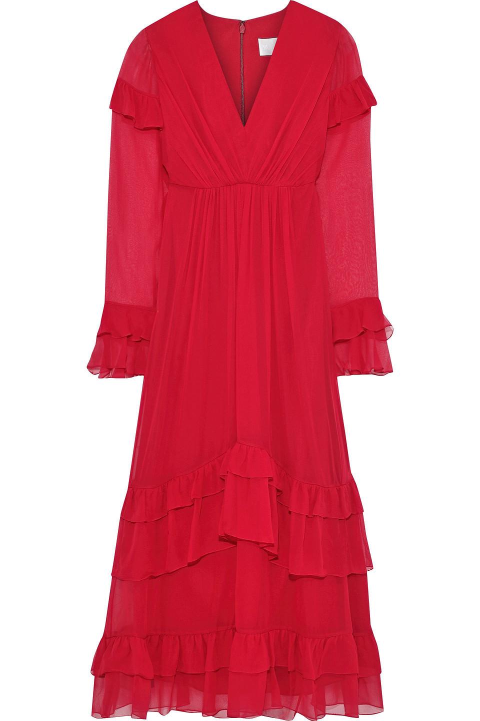 mikael aghal red dress Mikael Aghal Cutout Floral-print Pliss-chiffon Maxi Dress In Red