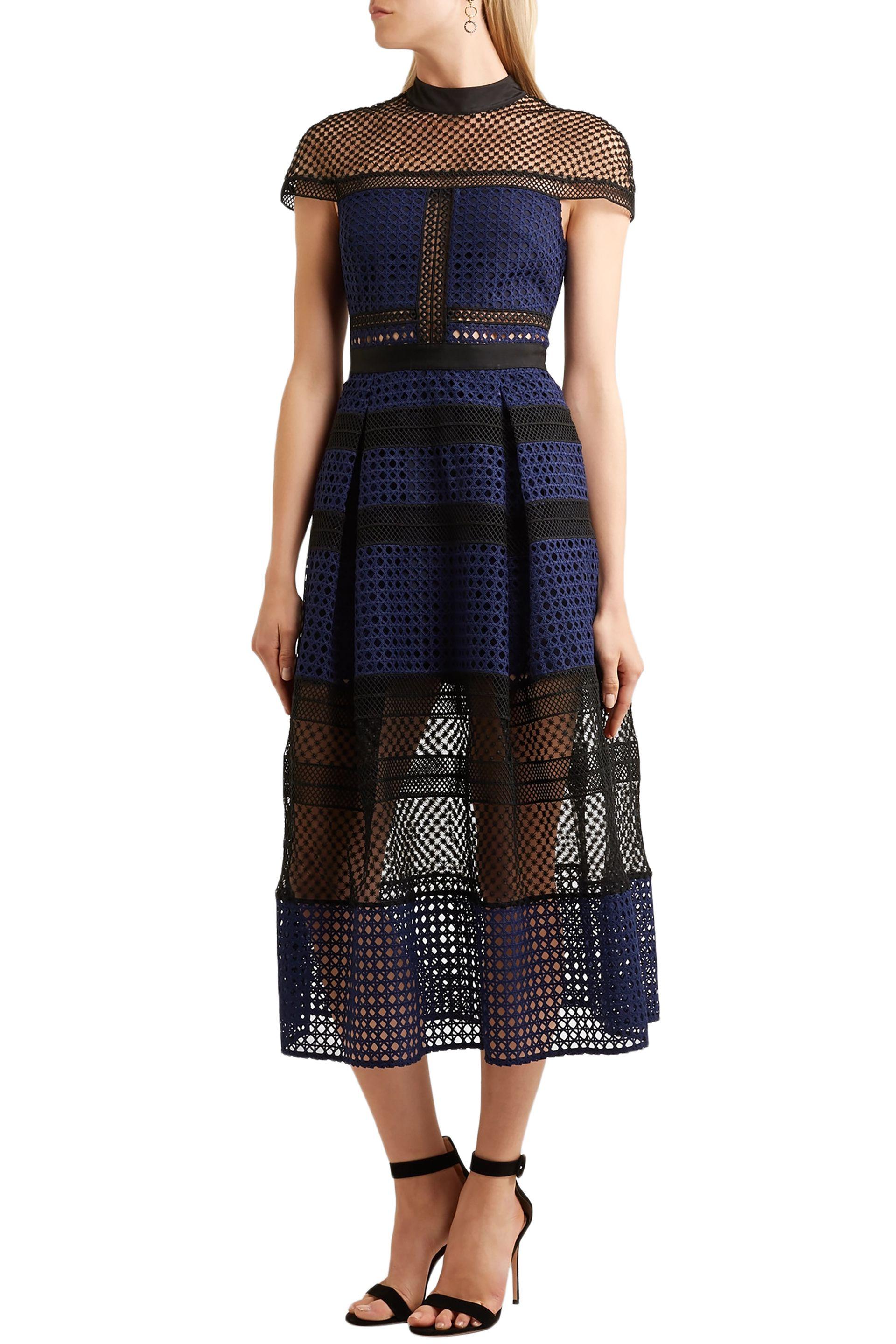 Self-Portrait Pleated Guipure Lace Midi Dress Navy in Blue - Lyst