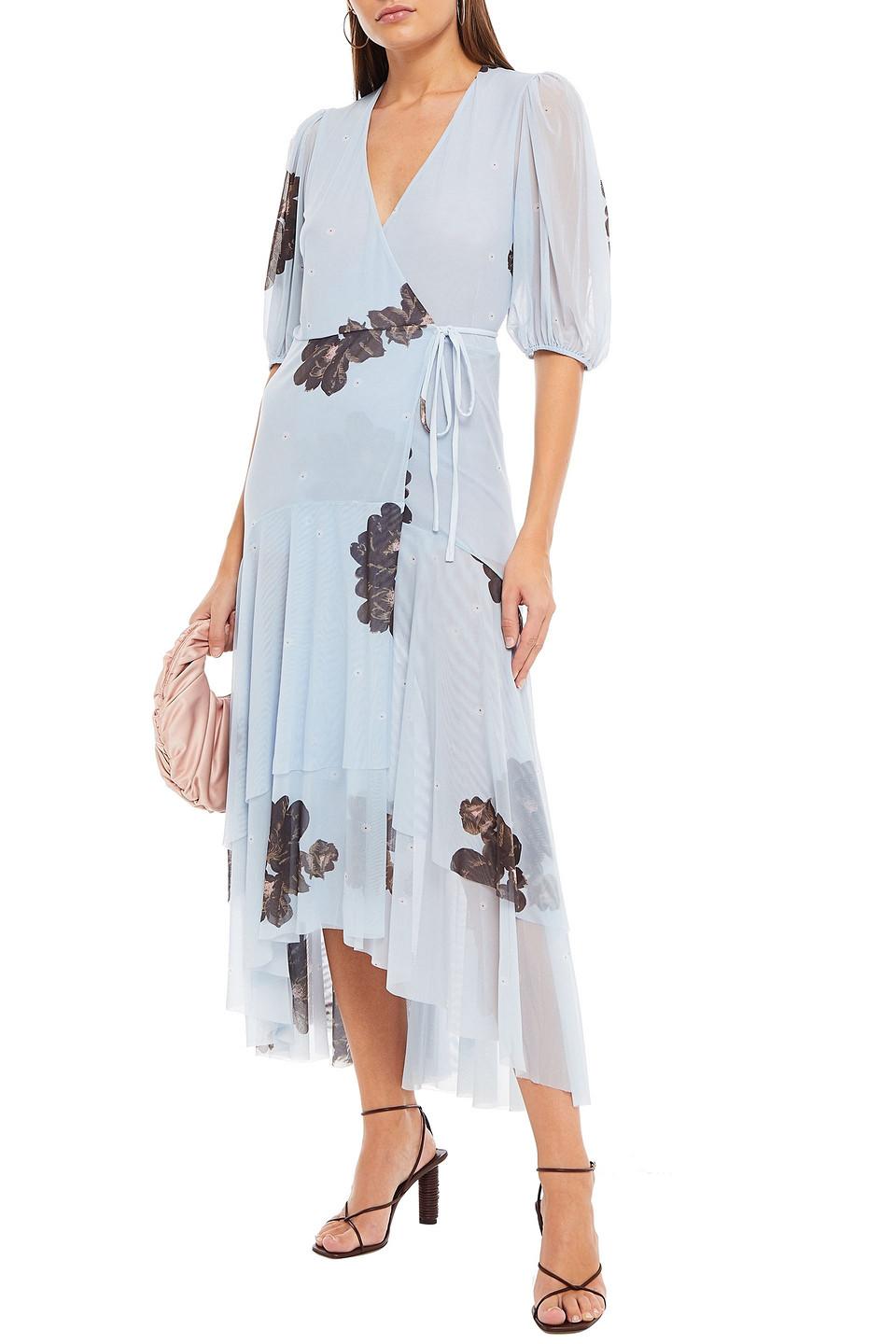 Ganni Synthetic Tiered Floral-print Stretch-mesh Midi Wrap Dress in Sky  Blue (Blue) | Lyst