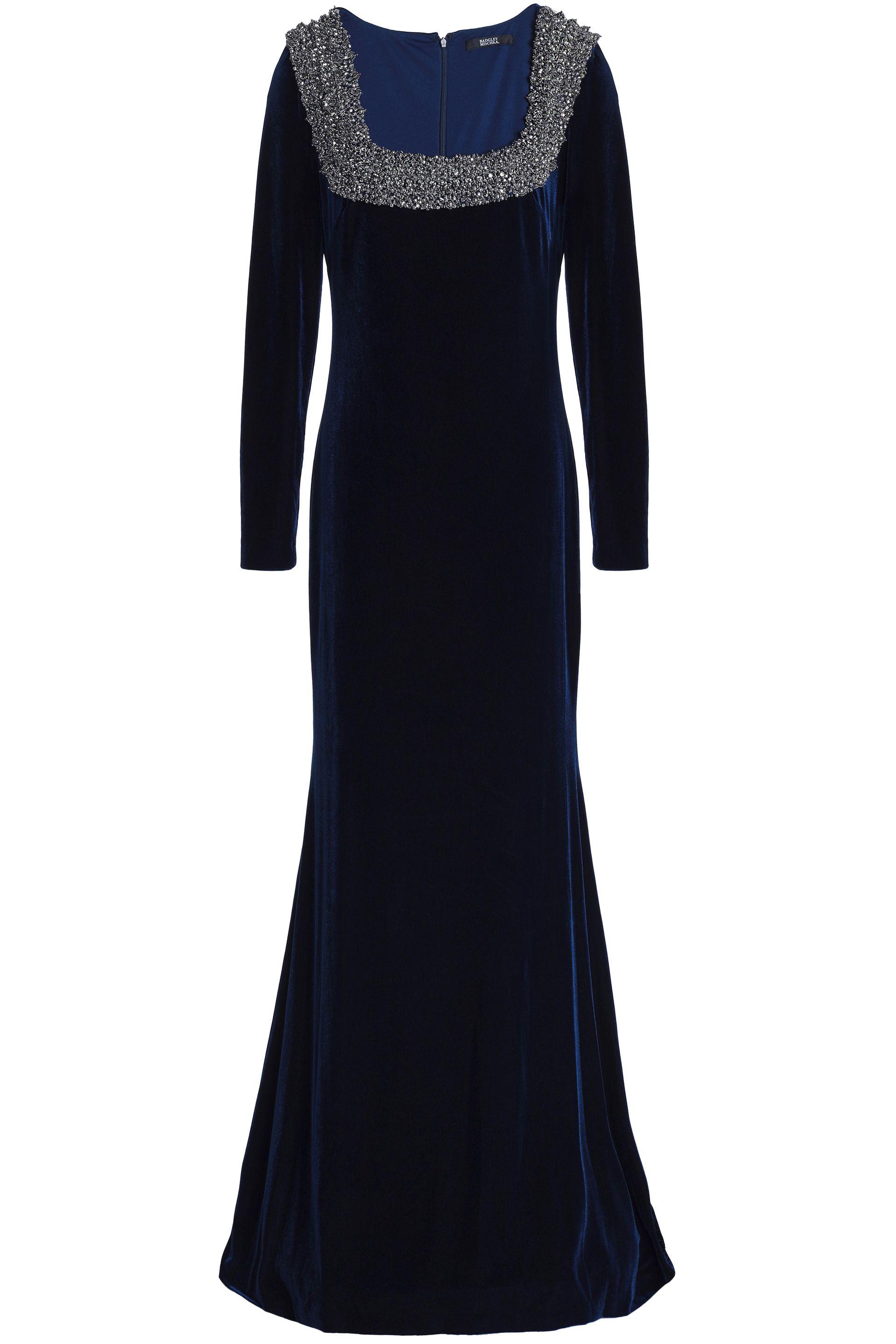 Badgley Mischka Embellished Fluted Velvet Gown Navy in Blue - Lyst