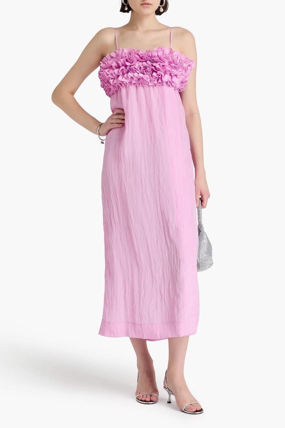 ganni pink ruffle dress Ganni Ruffled Crinkled-Taffeta Midi Dress in Pink