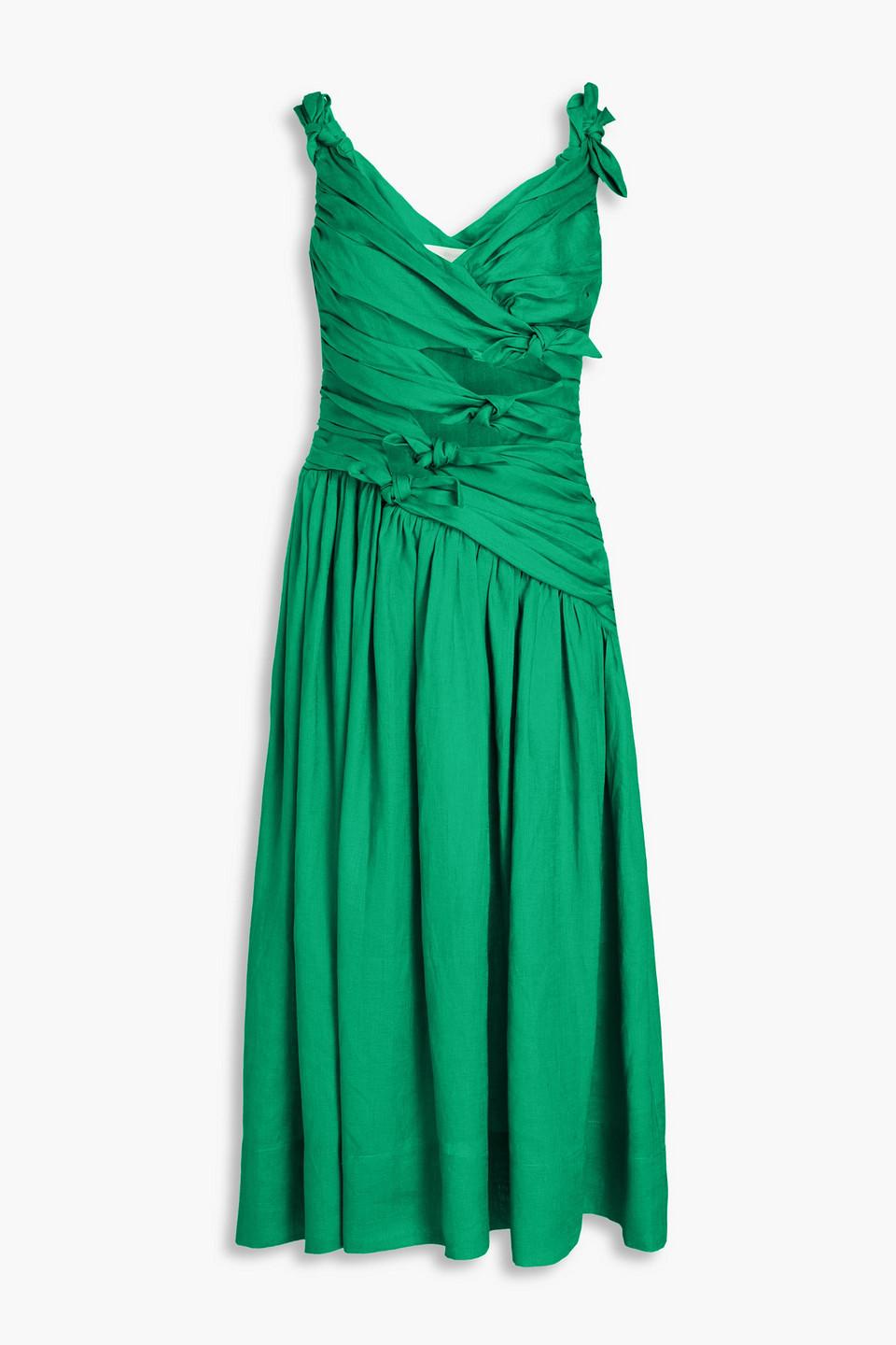 Zimmermann Cutout Knotted Linen Midi Dress in Green | Lyst