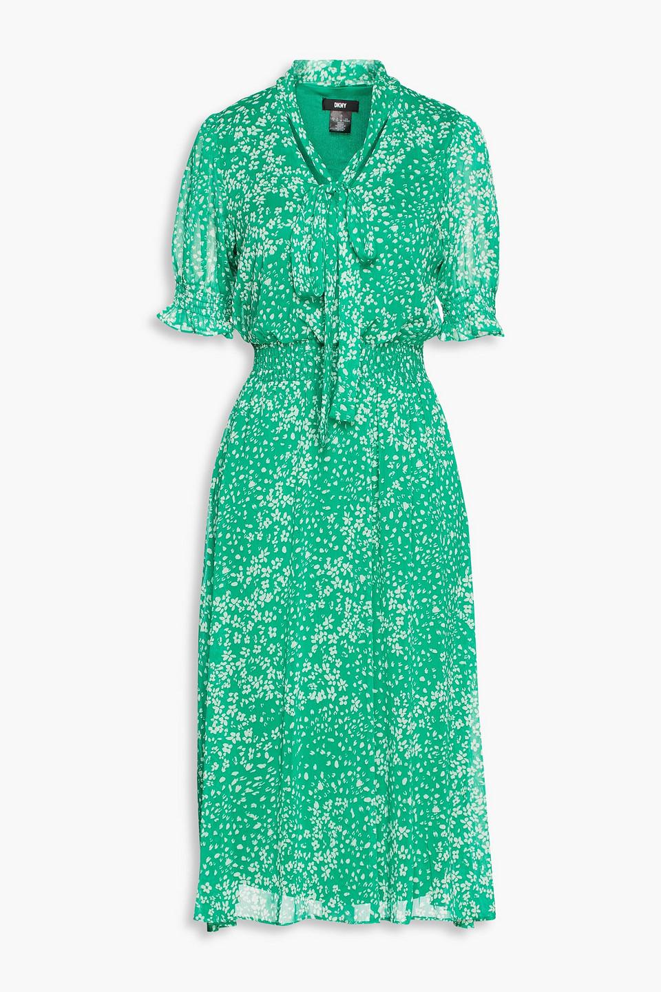 DKNY Pussy-bow Floral-print Georgette Midi Dress in Green | Lyst