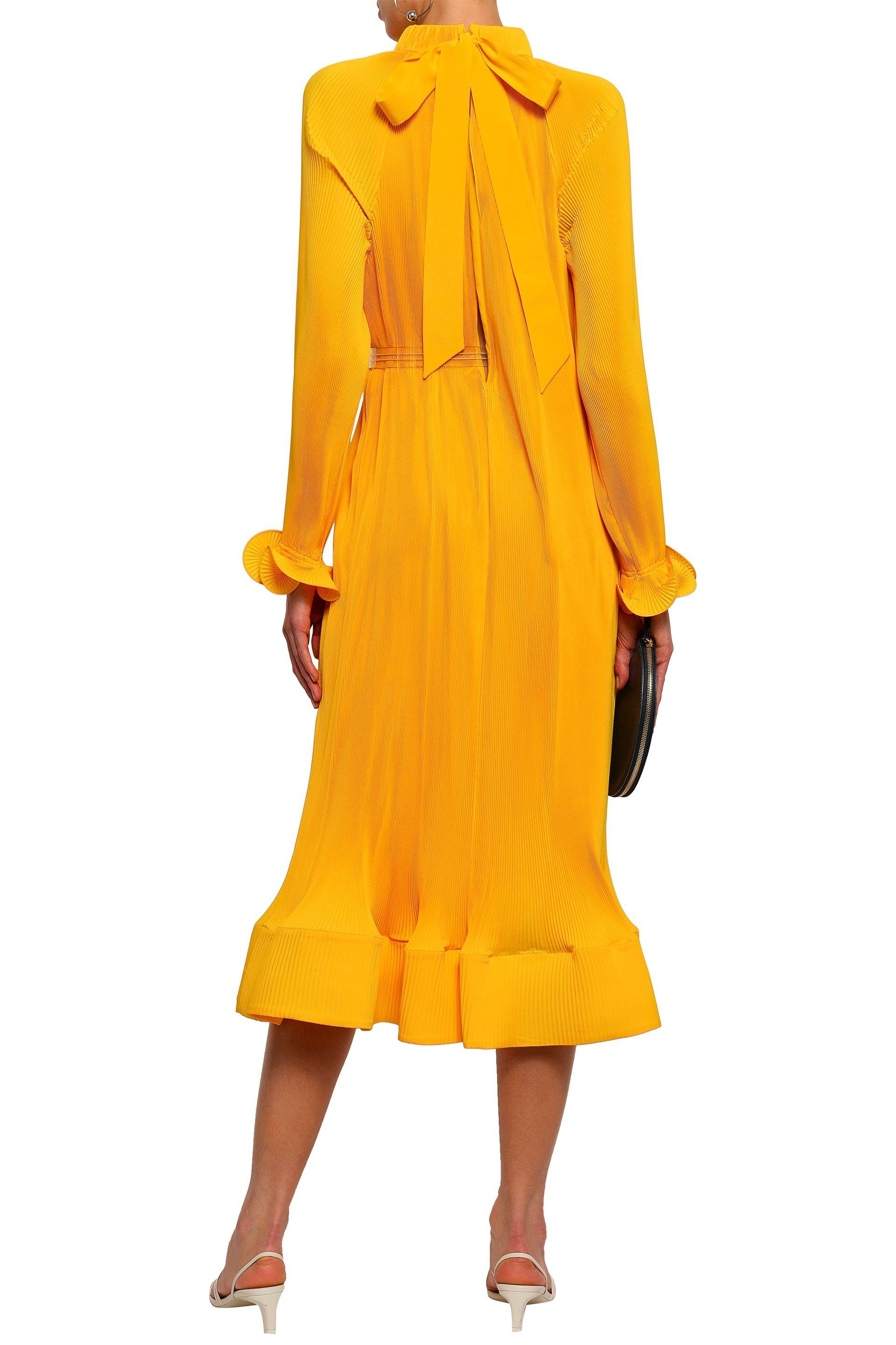 Tibi Satin Fluted Plissé-crepe Midi Dress Saffron in Yellow - Lyst