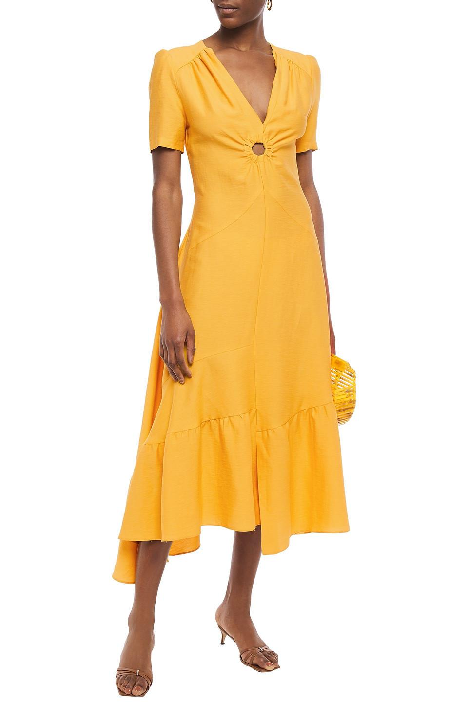 Sandro Linen Tamara Asymmetric Cutout Gathered Twill Midi Dress Saffron ...