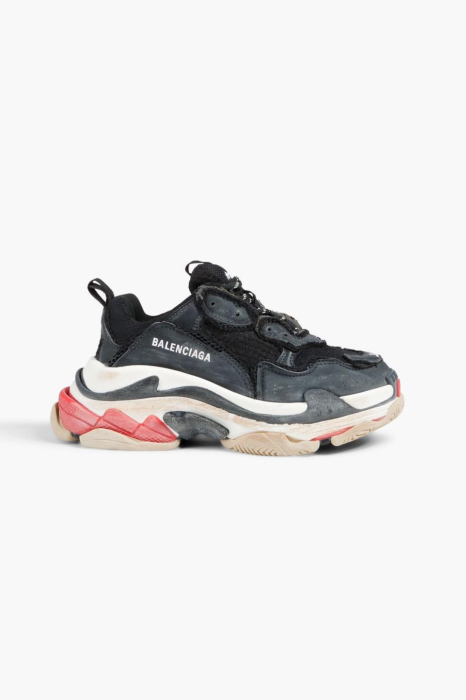 Balenciaga Triple S Distressed Leather And Mesh Sneakers in Black | Lyst
