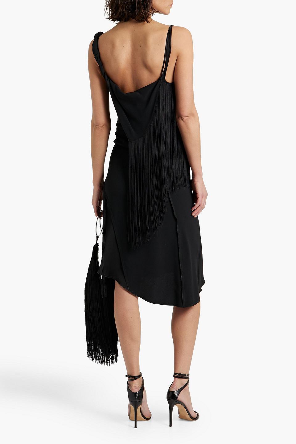 Victoria Beckham asymmetric fringed slip dress - Black