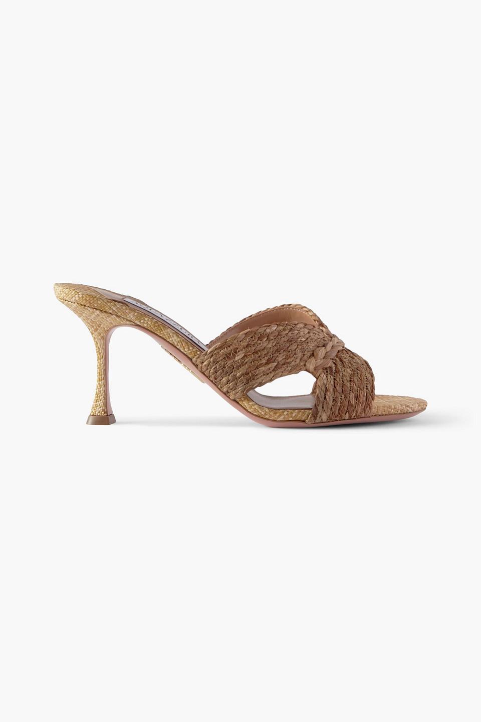 【AQUAZZURA】off to bali 75 shell-embellished raffia mules AQUAZZURA Off to Bali 75 shell-embellished raffia mules