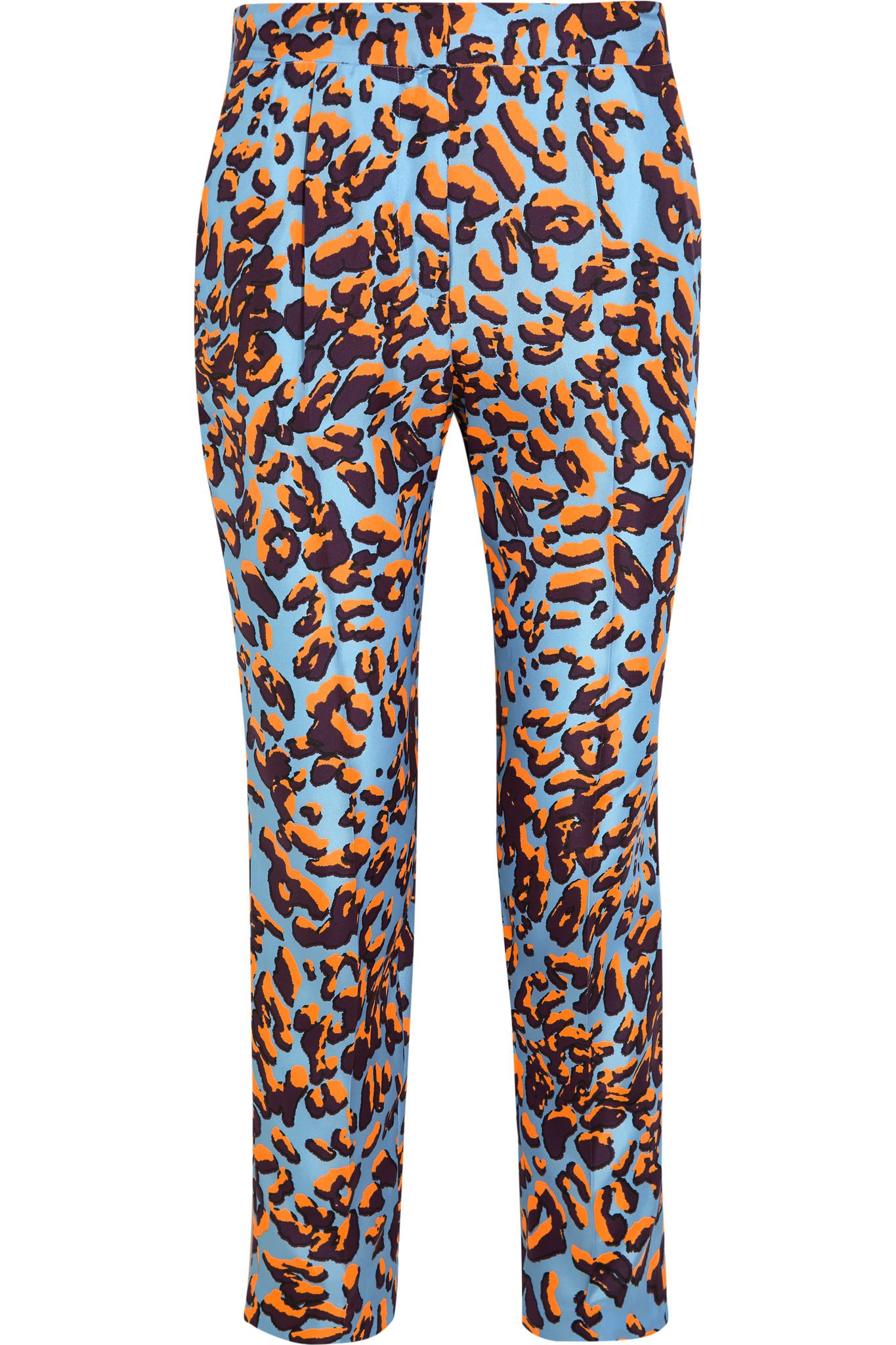 MSGM Leopard-print Silk-twill Straight-leg Pants in Blue - Lyst