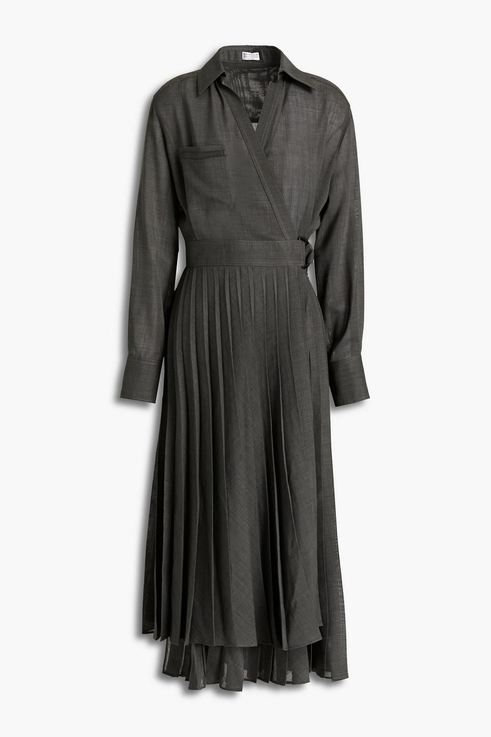 Brunello Cucinelli Bead-embellished Pleated Gauze Midi Wrap Dress in Gray |  Lyst