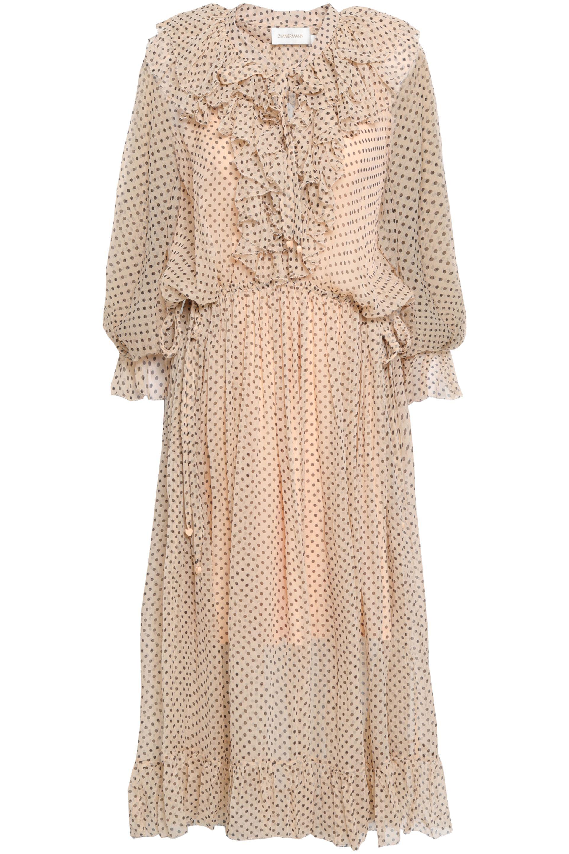 Zimmermann Ruffled Polkadot Midi Dress Peach in Natural