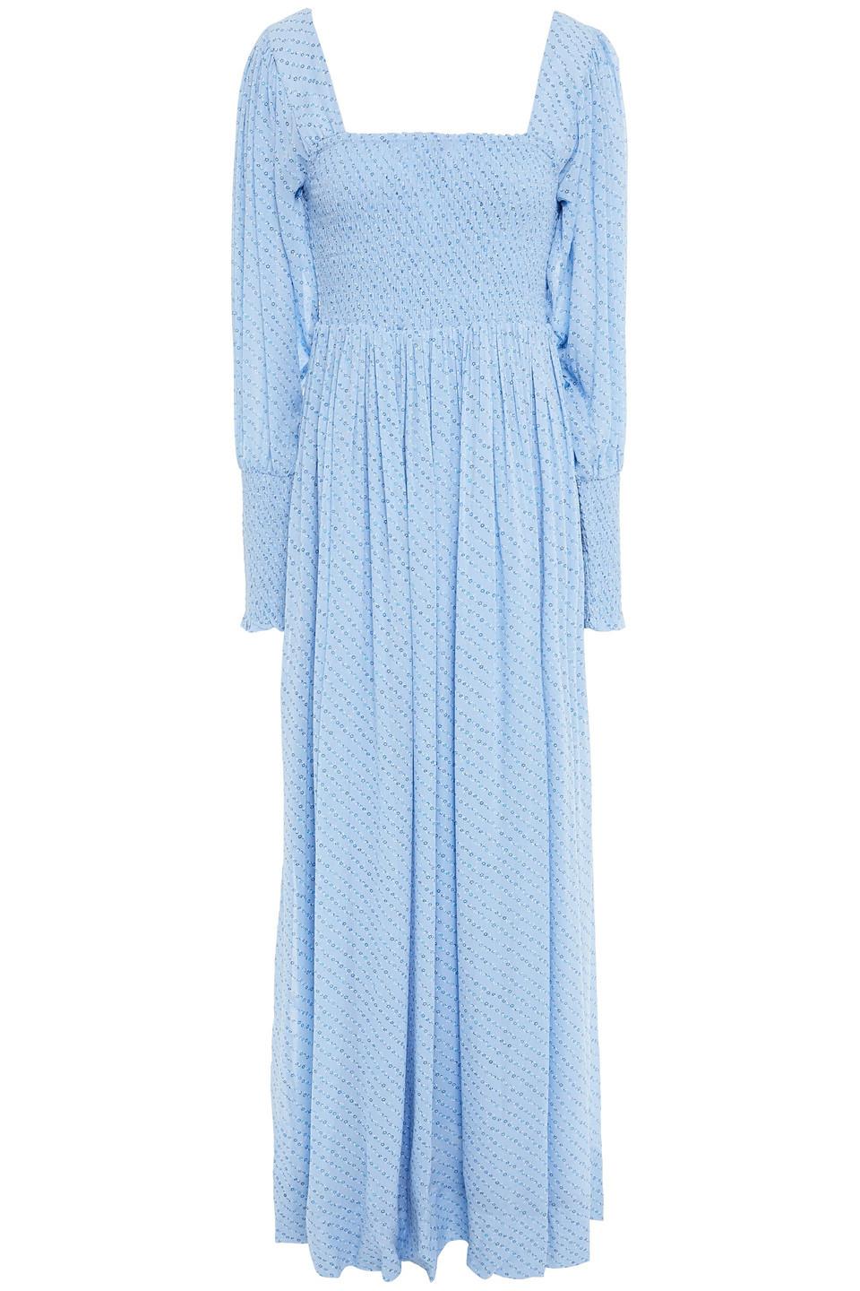 Ganni Shirred Floral-print Georgette Maxi Dress in Blue | Lyst Canada