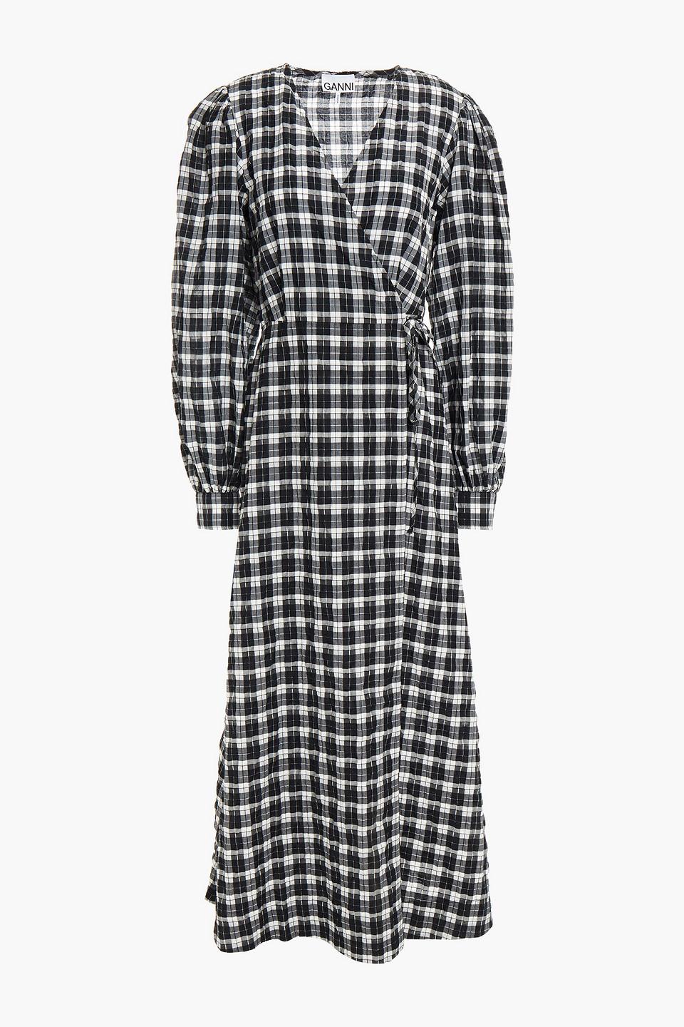 Ganni Checked Cotton-blend Seersucker Midi Wrap Dress in Black | Lyst