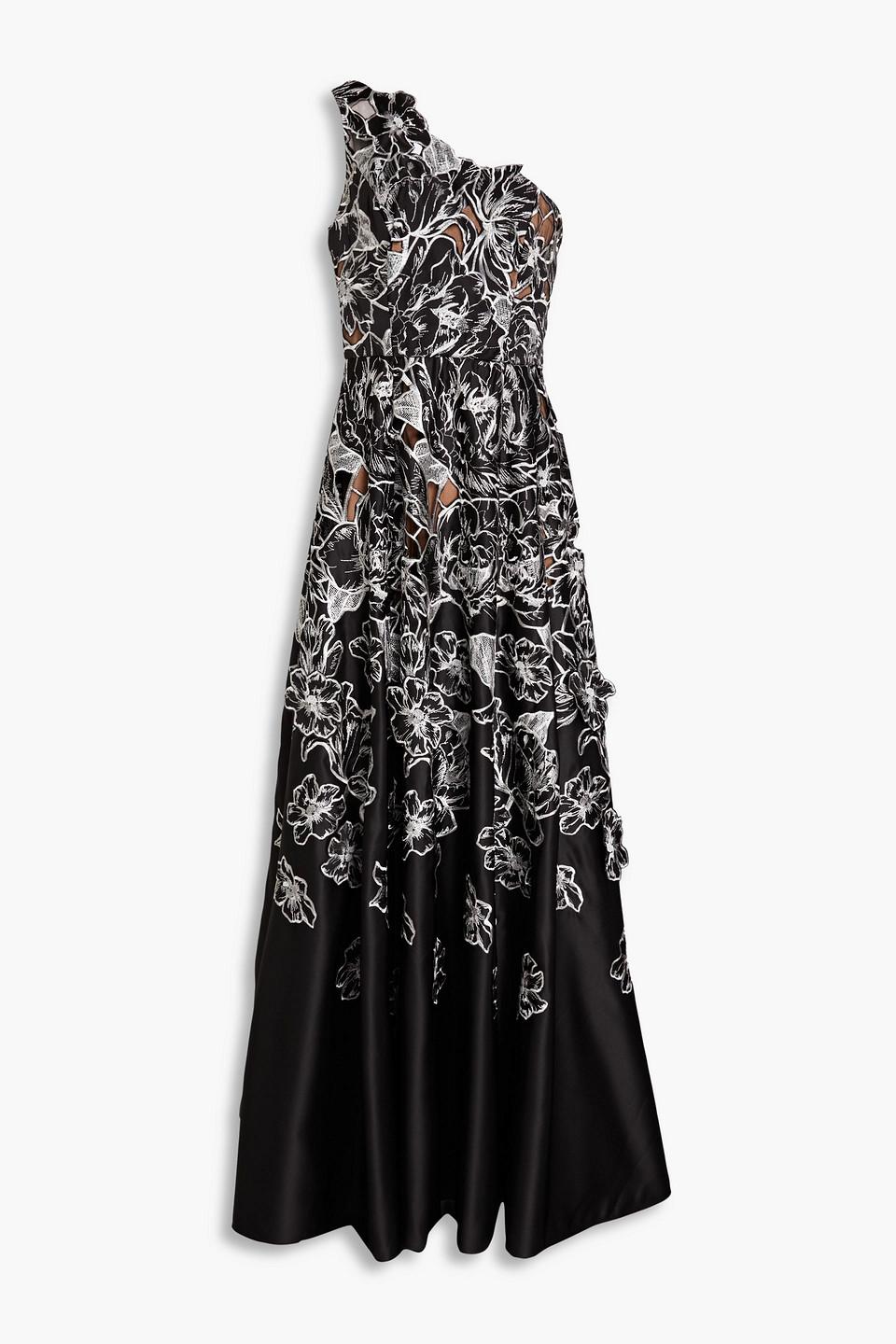 Marchesa One-shoulder Embroidered Duchesse-satin Gown in Black | Lyst