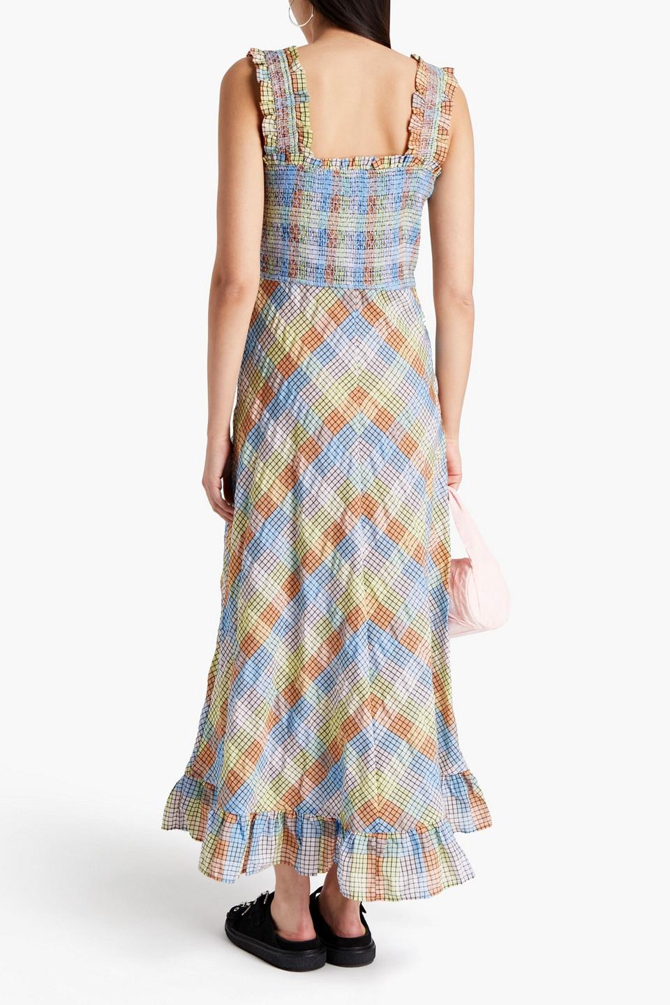Ganni Shirred Checked Cotton-blend Seersucker Maxi Dress in Blue | Lyst