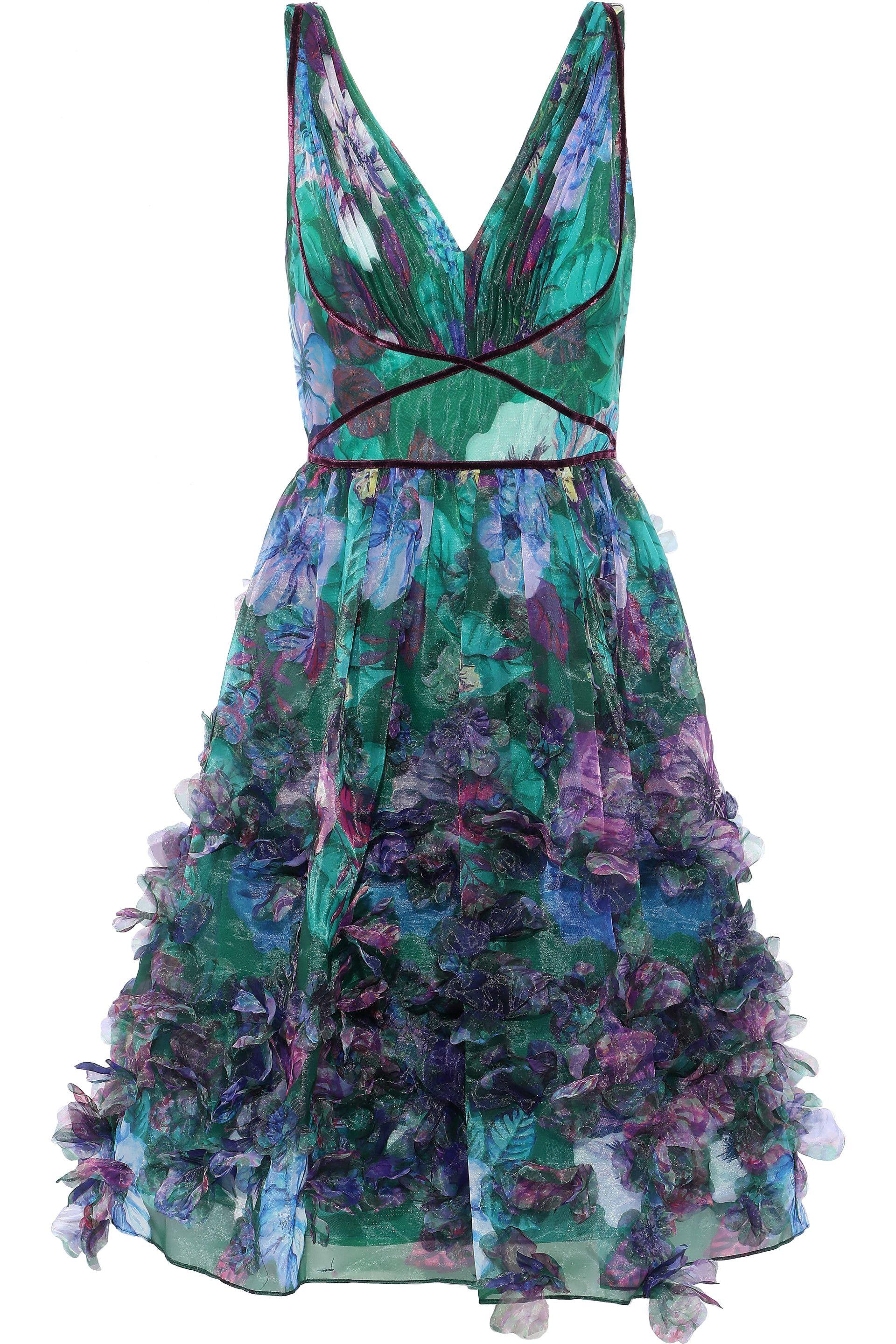 Marchesa notte Appliquéd Pleated Floral-print Organza Dress Emerald in  Green | Lyst