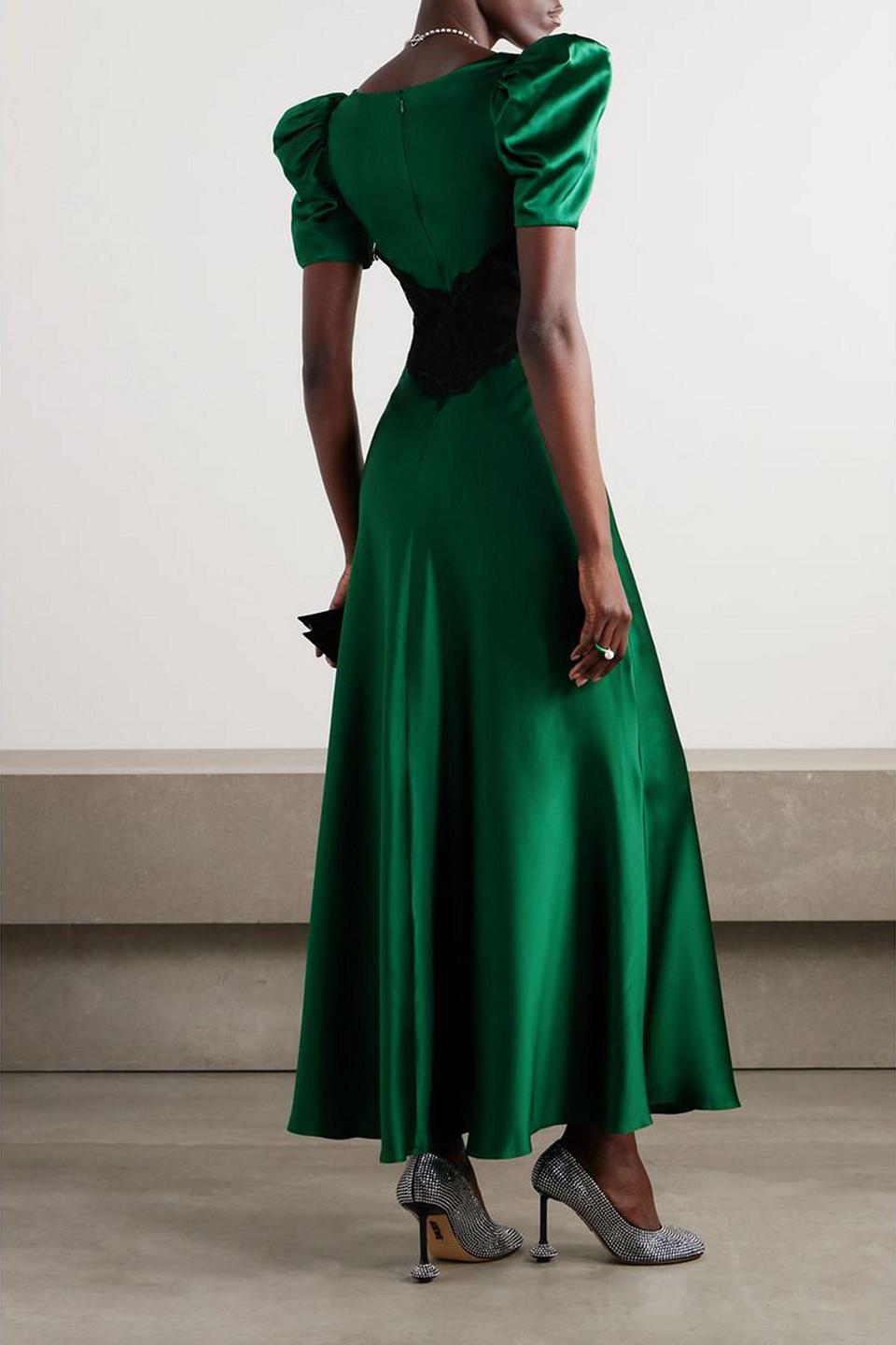 rodarte silk satin and cotton blend lace maxi dress Rodarte Ruffled Silk Satin And Lace Maxi Dress In Green